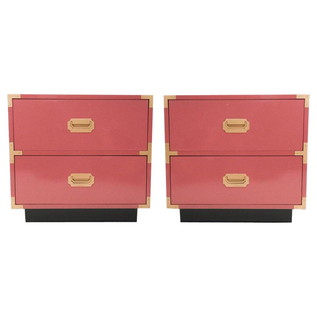 Pair of Campaign Style Nightstands/Bedside Tables Lacquered in Pink