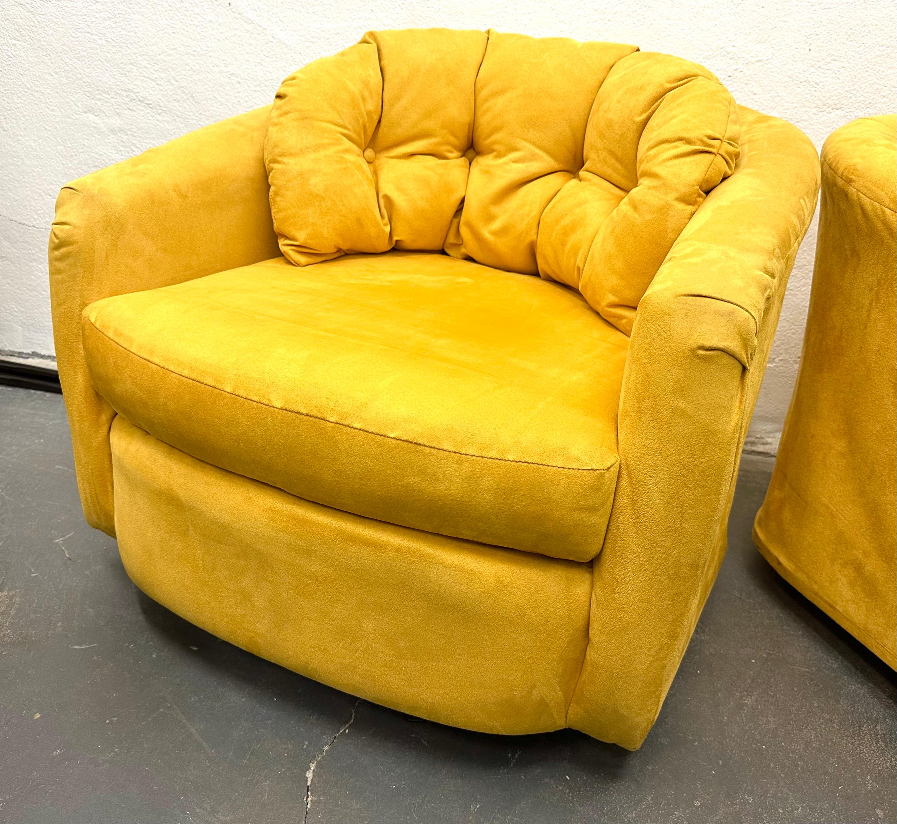 Pair Canary Yellow Suede Swiveling Lounge Chairs For Sale 4