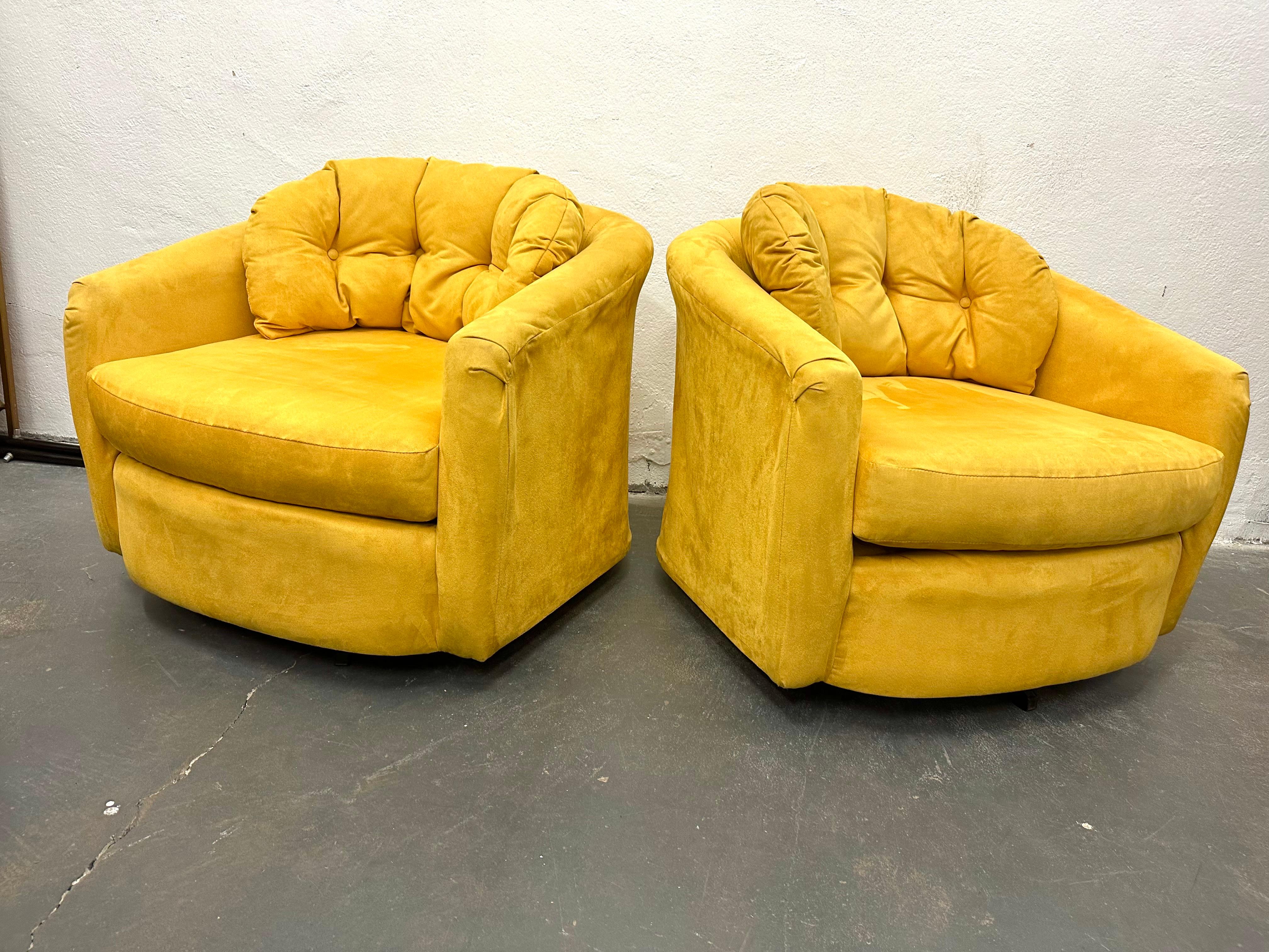 Pair Canary Yellow Suede Swiveling Lounge Chairs For Sale 5
