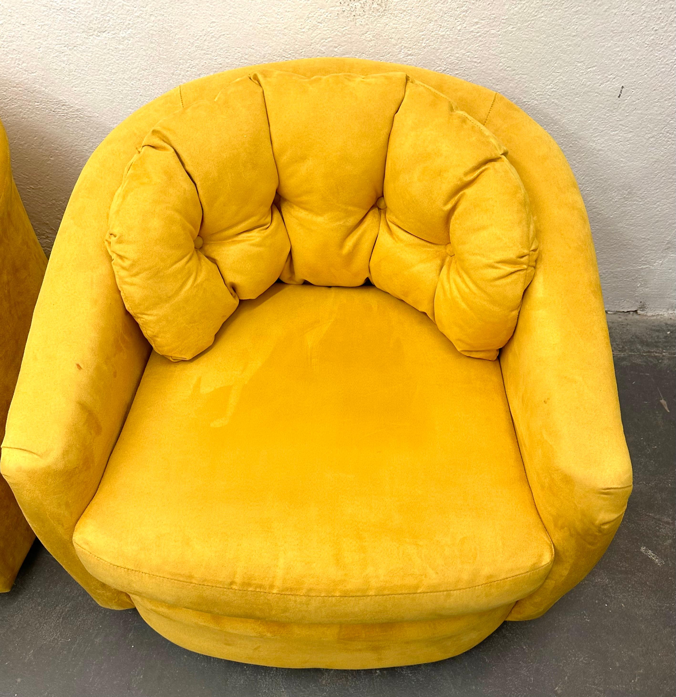 Mid-Century Modern Pair Canary Yellow Suede Swiveling Lounge Chairs For Sale