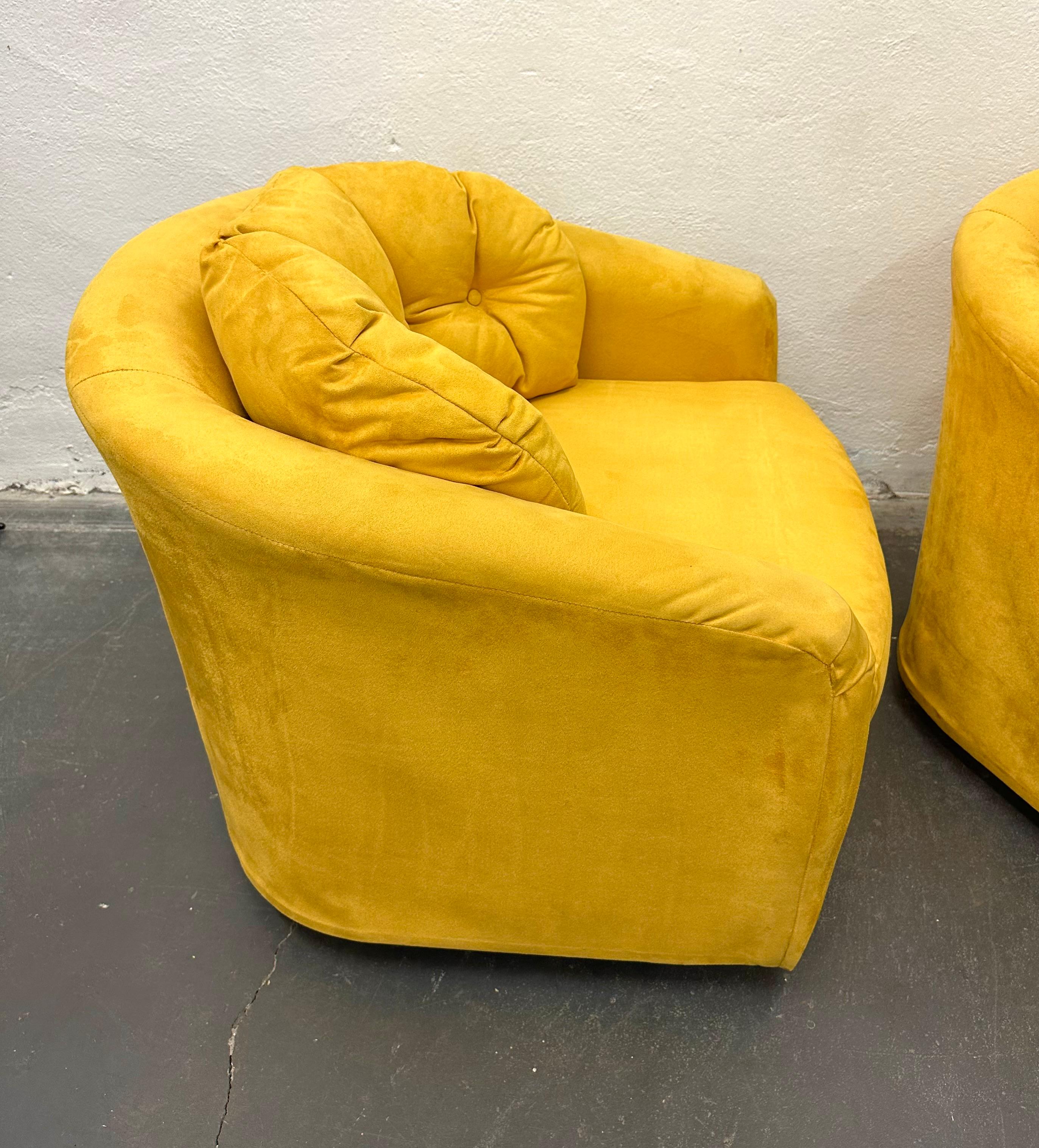 Mid-20th Century Pair Canary Yellow Suede Swiveling Lounge Chairs For Sale