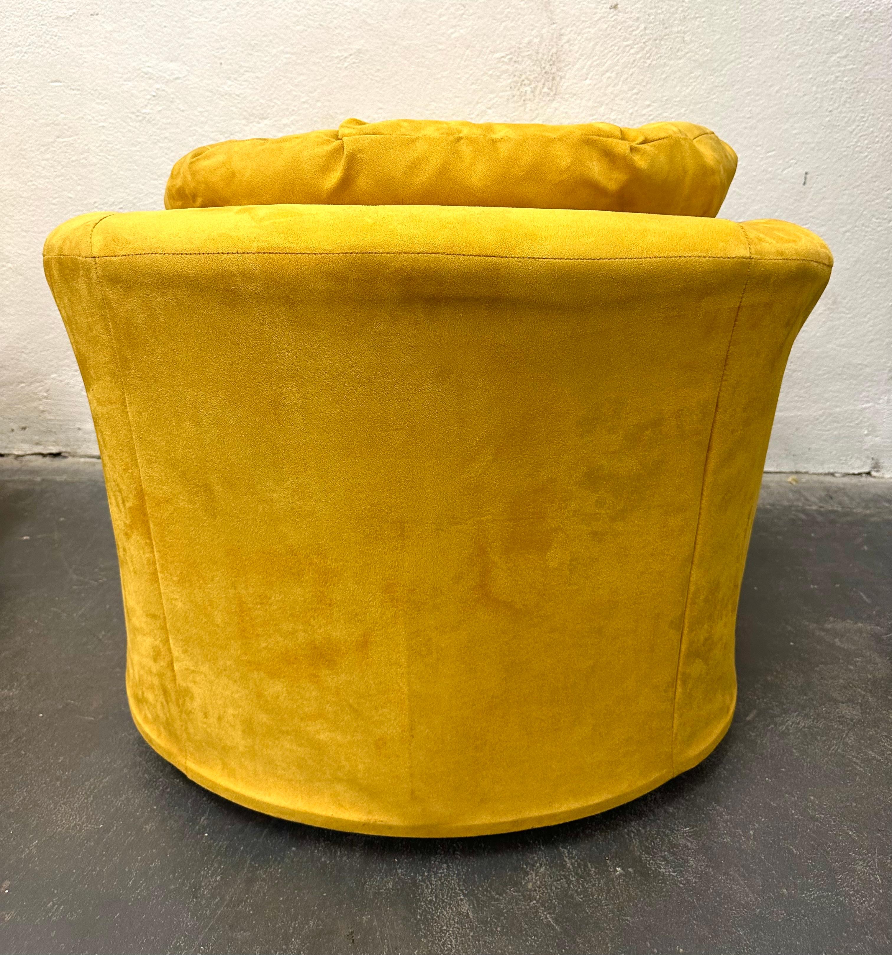 Pair Canary Yellow Suede Swiveling Lounge Chairs For Sale 1