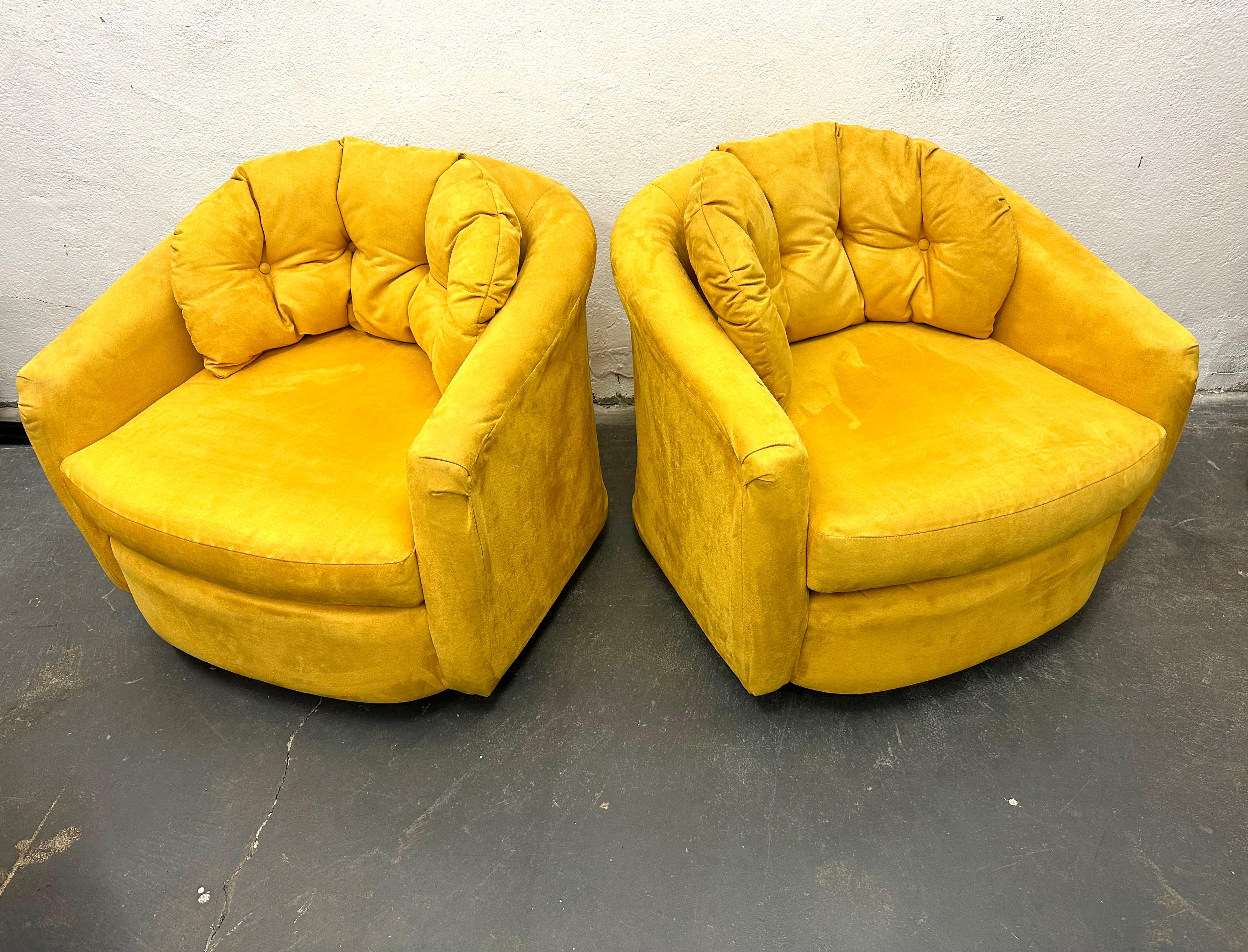 Pair Canary Yellow Suede Swiveling Lounge Chairs For Sale 2