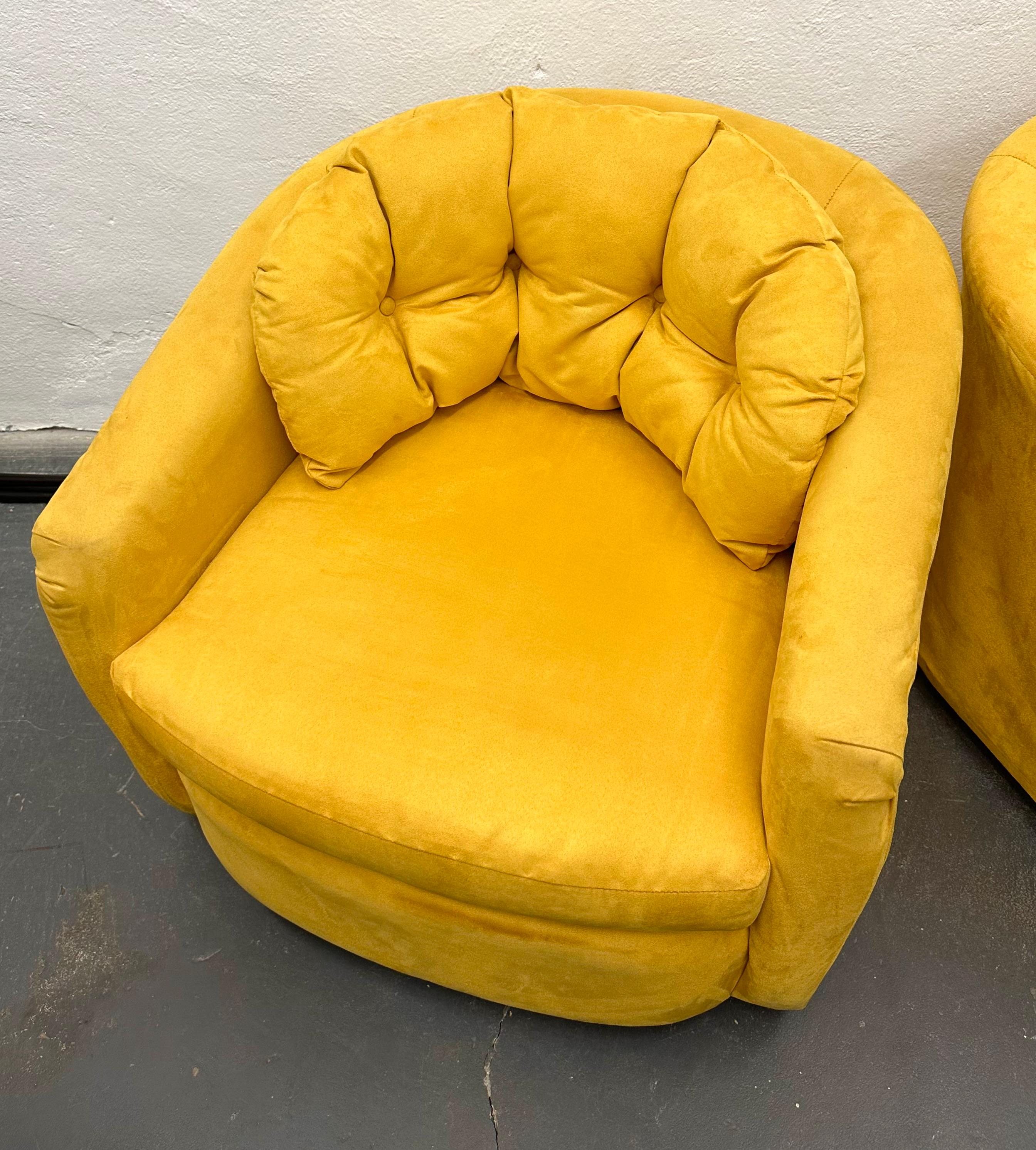 Pair Canary Yellow Suede Swiveling Lounge Chairs For Sale 3