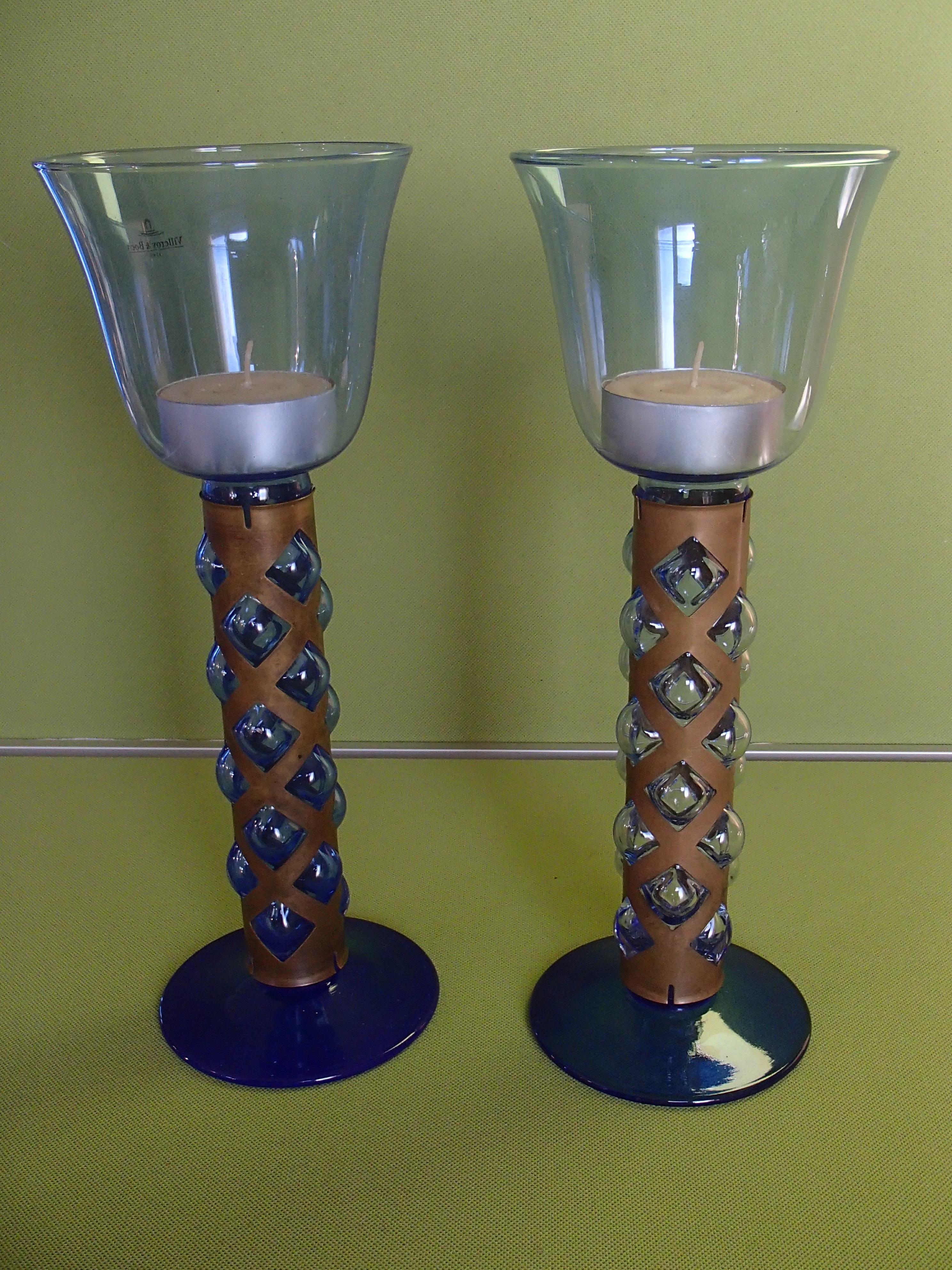 Pair candlelight holder cobalt blue glass and brass by Villeroy & Boch For Sale 1