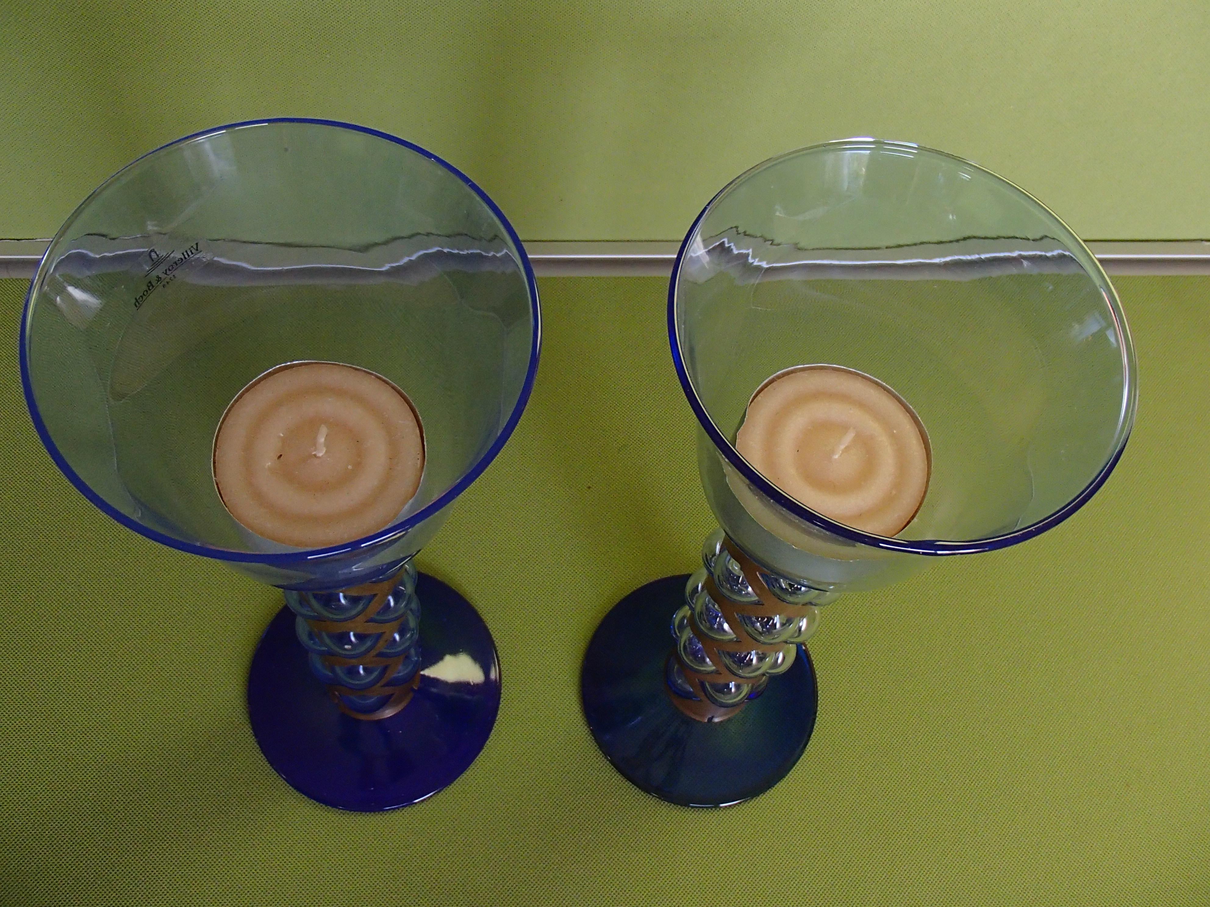 Pair candlelight holder cobalt blue glass and brass by Villeroy & Boch For Sale 3