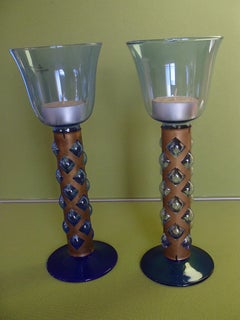 Pair candlelight holder cobalt blue glass and brass by Villeroy & Boch