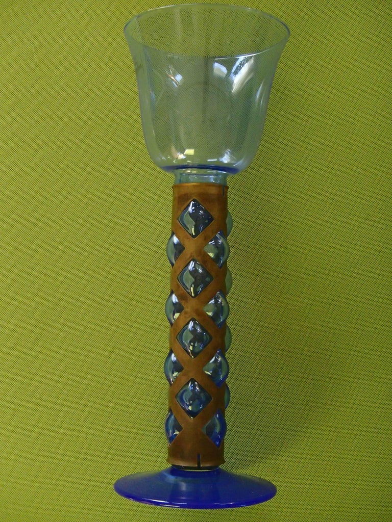 Pair candlelight holder cobalt blue glass and brass by Villeroy and