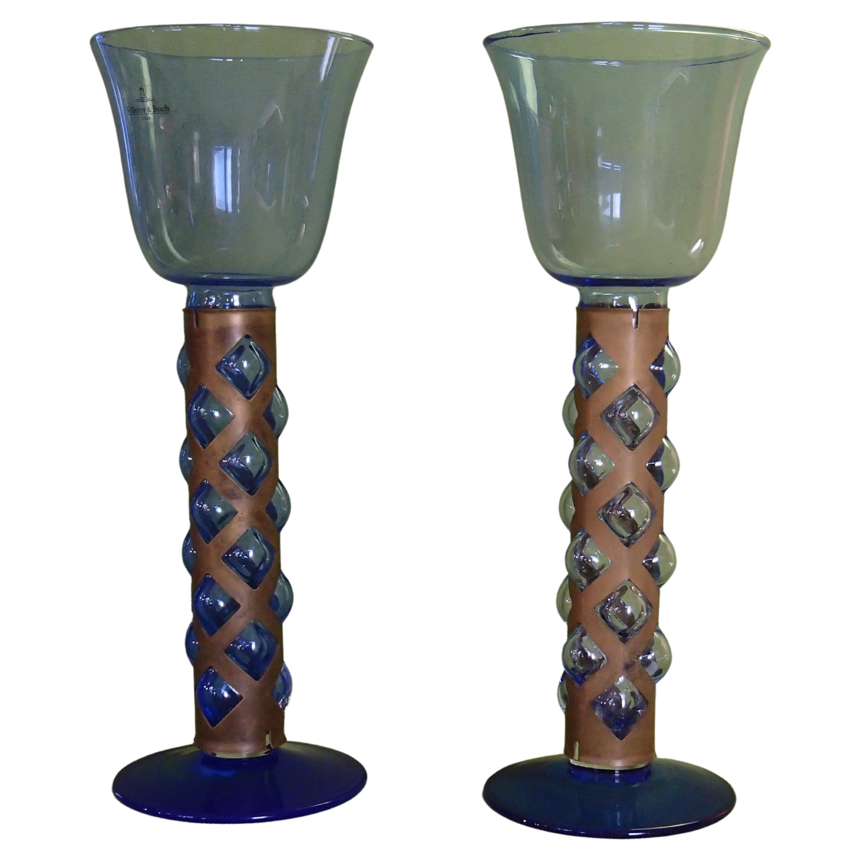 Pair candlelight holder cobalt blue glass and brass by Villeroy & Boch For Sale