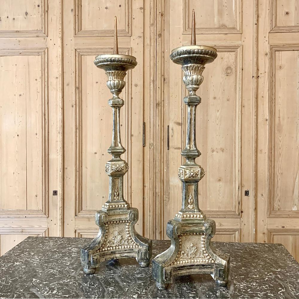 Louis XVI Pair of Candlesticks, 18th Century Italian Neoclassical Polychrome For Sale