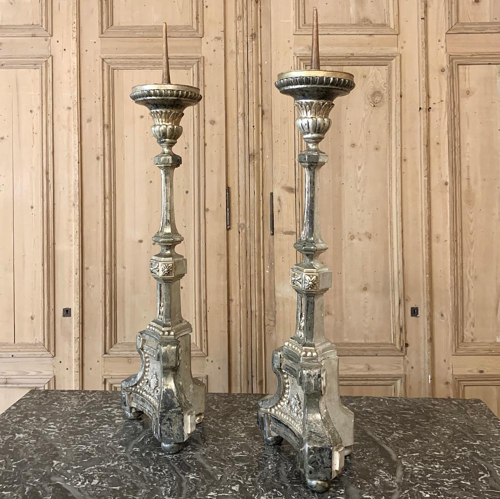 Polychromed Pair of Candlesticks, 18th Century Italian Neoclassical Polychrome For Sale