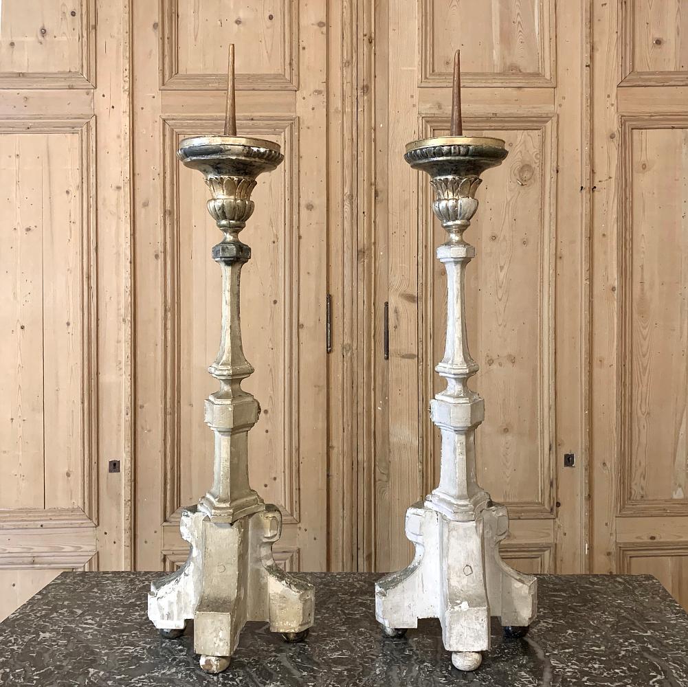 Giltwood Pair of Candlesticks, 18th Century Italian Neoclassical Polychrome For Sale
