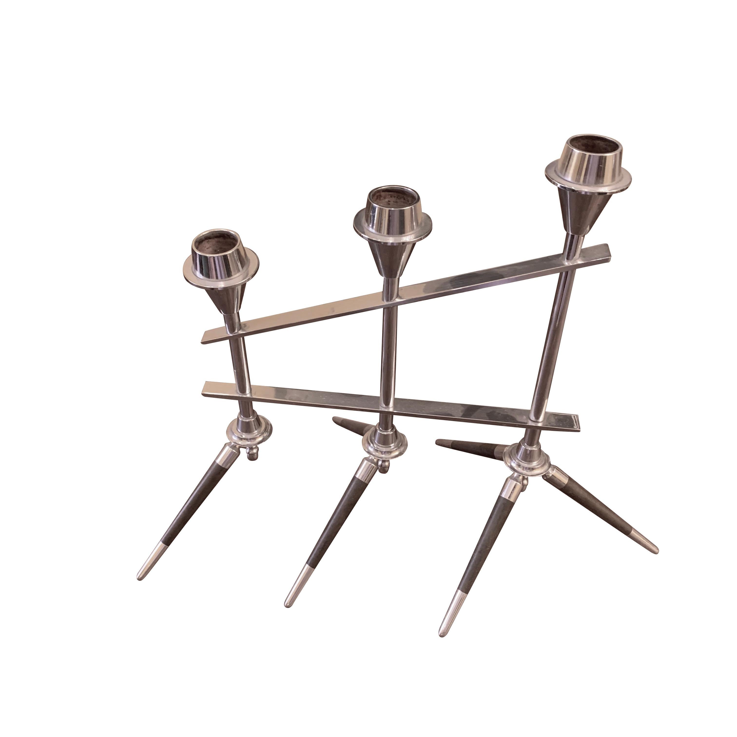 Midcentury French pair of chrome candlesticks with ebonized wood trim
Holds a total of six candles
Size of each candlestick is 14