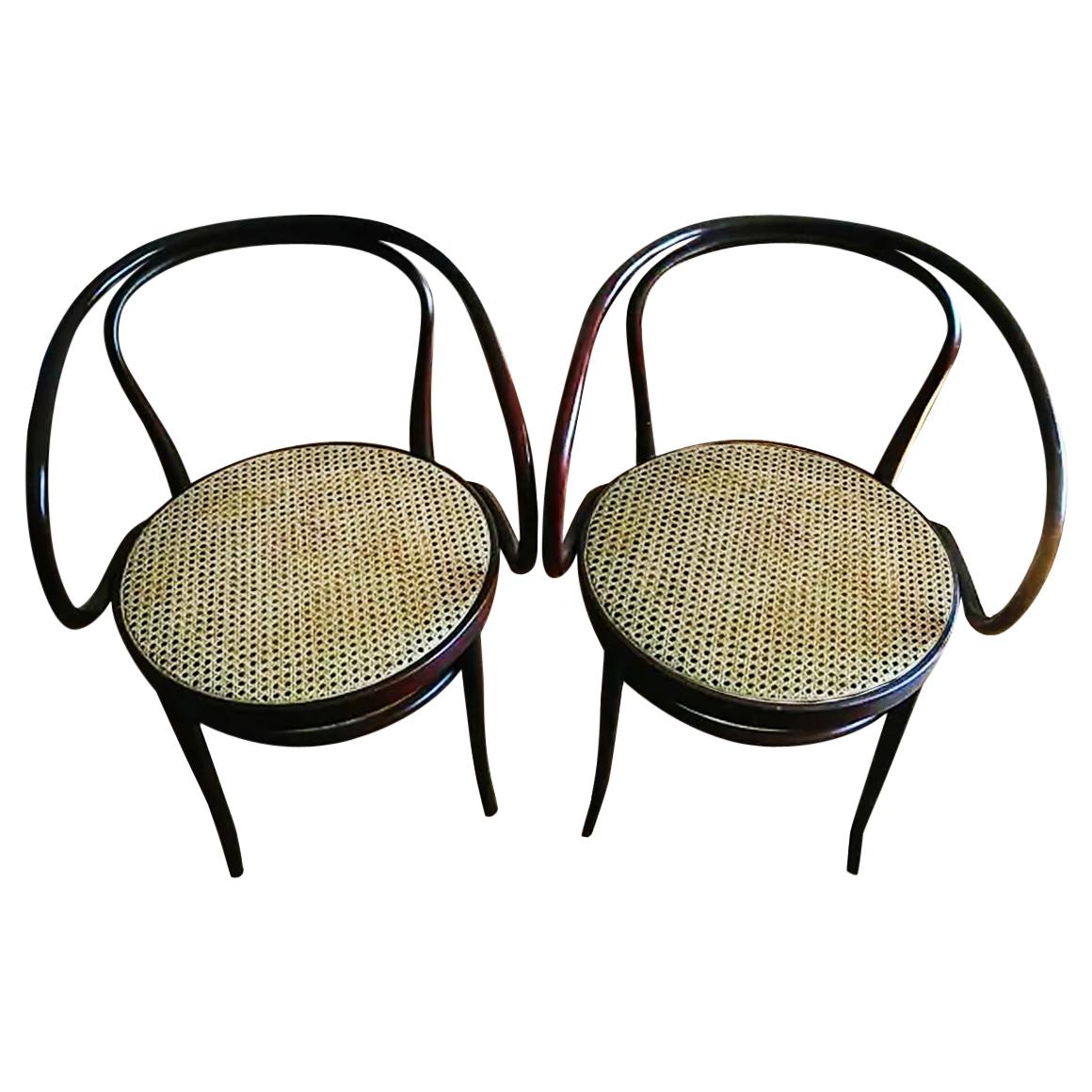 Pair of Cane and Bentwood Chairs after Thonet 209, 1950s