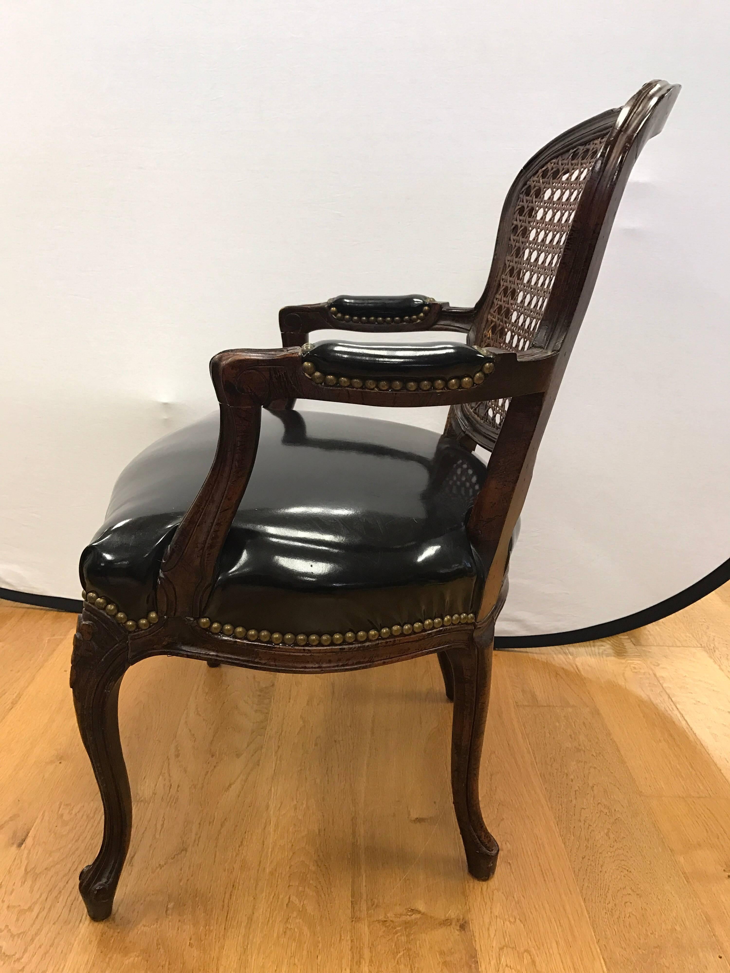 Pair of Cane Back French Louis XV Carved Chairs with Black Patent Leather Seats 2