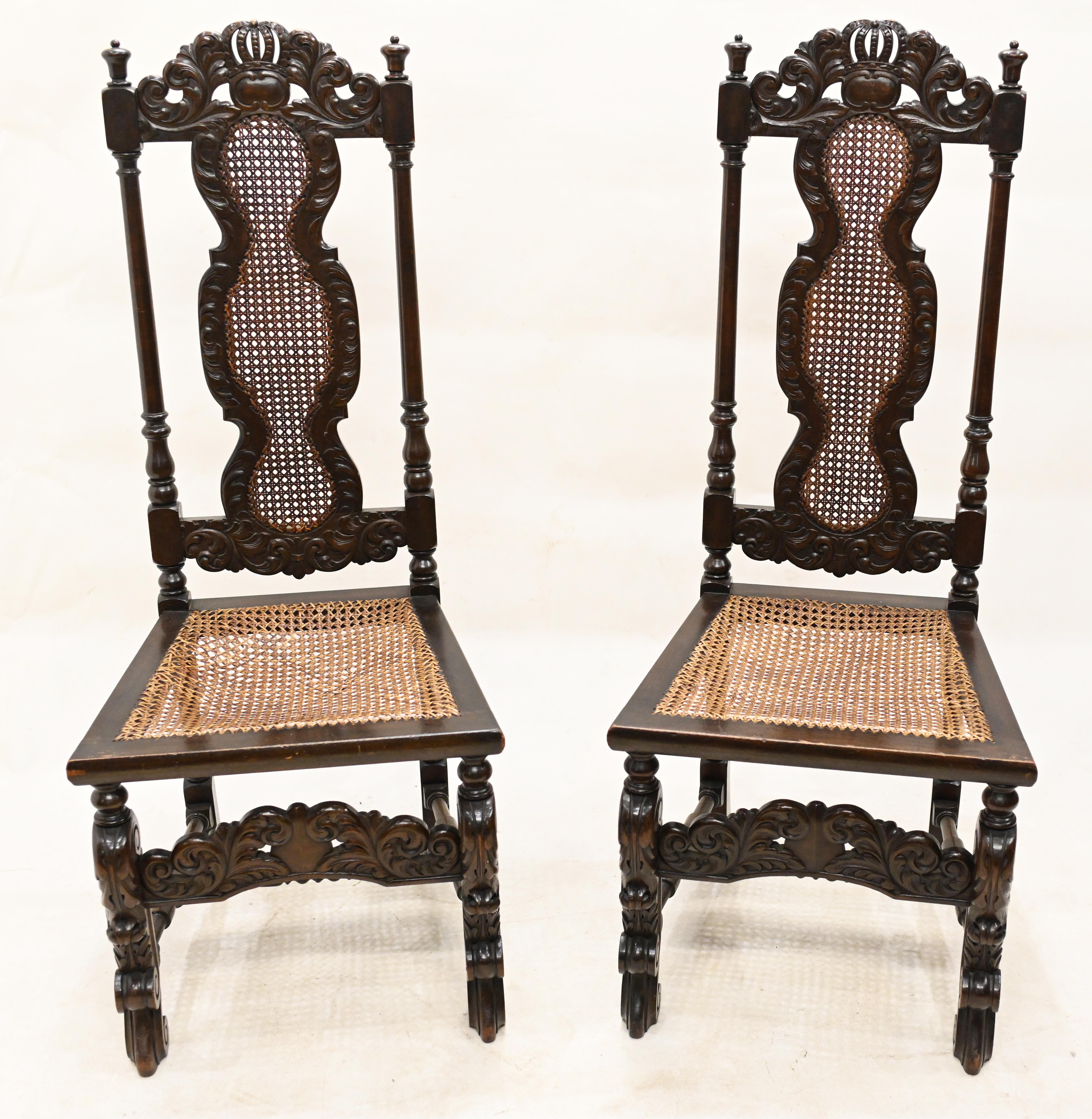 Late 19th Century Pair Carolean Chairs Farmhouse Accent 1880 Walnut Diners