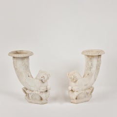 Pair Carrara Marble Hippocampus Cornucopias