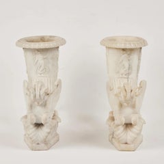 Pair Carrara Marble Hippocampus Cornucopias