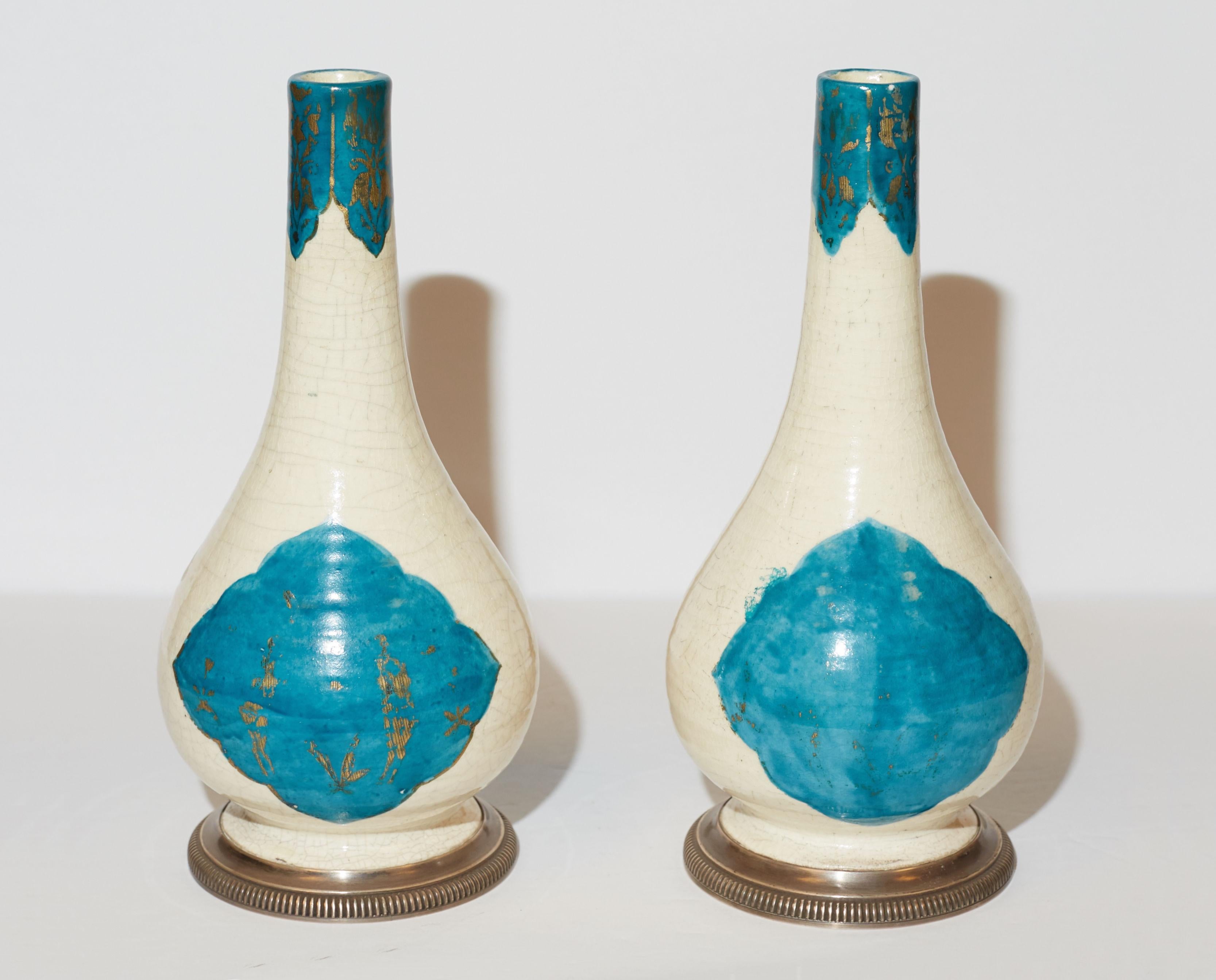 Pair Cartier Silver-Mounted Persian Ceramic Bottle Vases For Sale 7