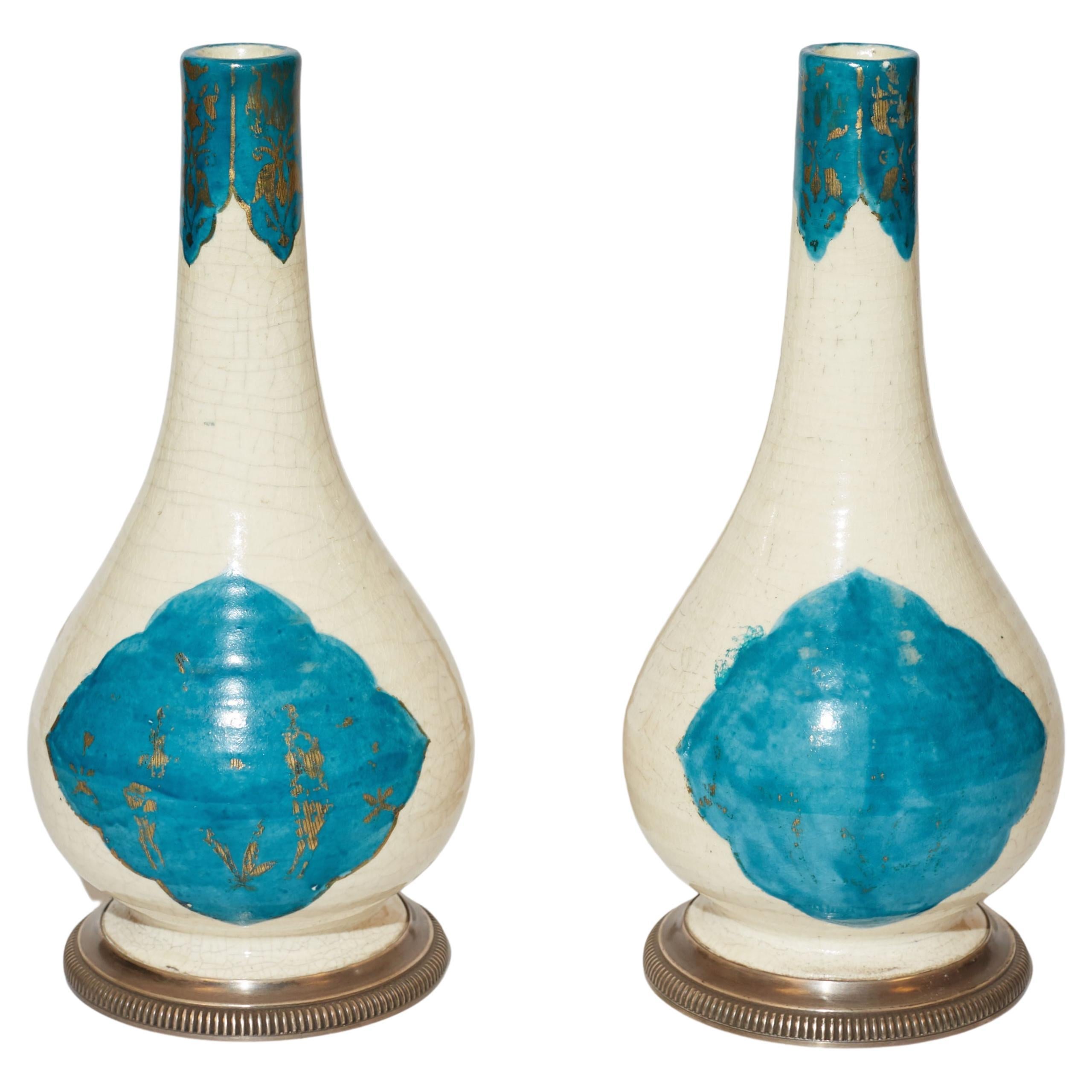 Pair Cartier Silver-Mounted Persian Ceramic Bottle Vases