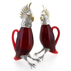 Pair Cartier Sterling Silver & Ruby Red Cut Glass Oil & Vinegar Cruet Decanters