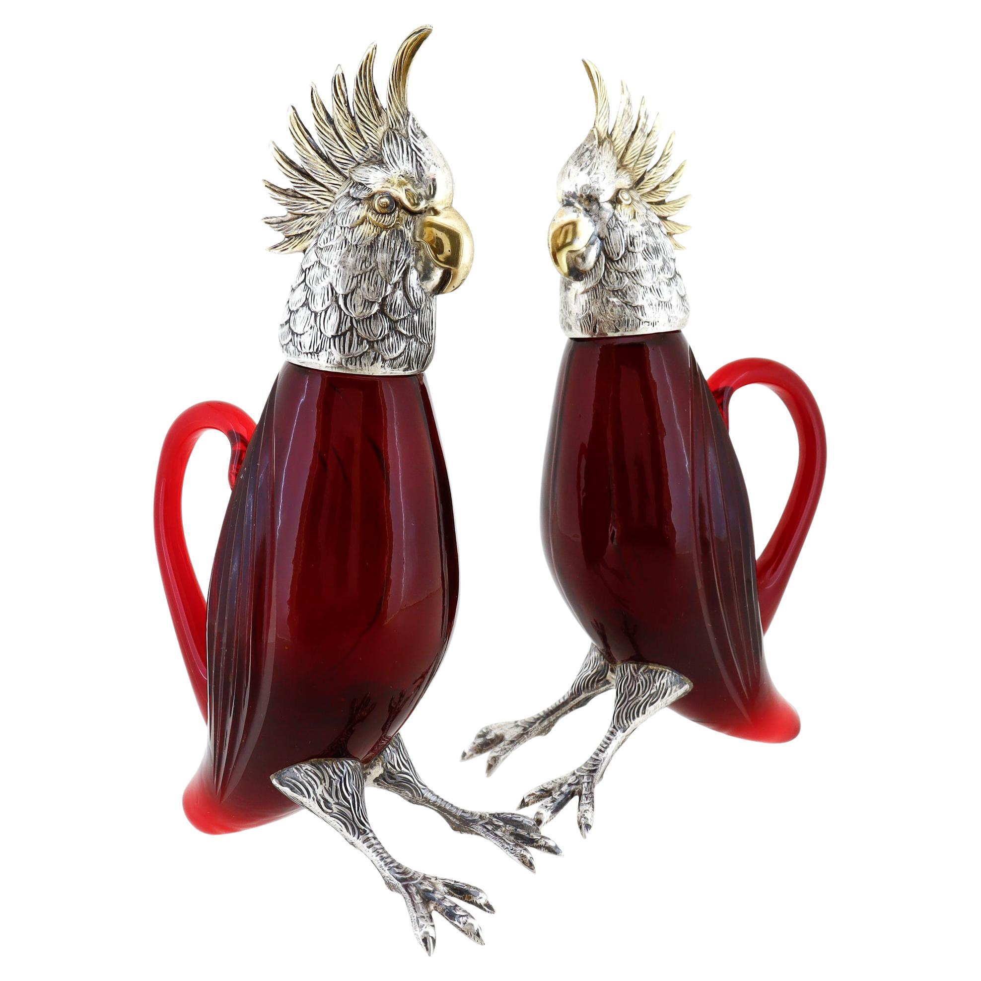 Pair Cartier Sterling Silver 
Ruby Red Cut Glass Oil 
Vinegar Cruet Decanters For Sale