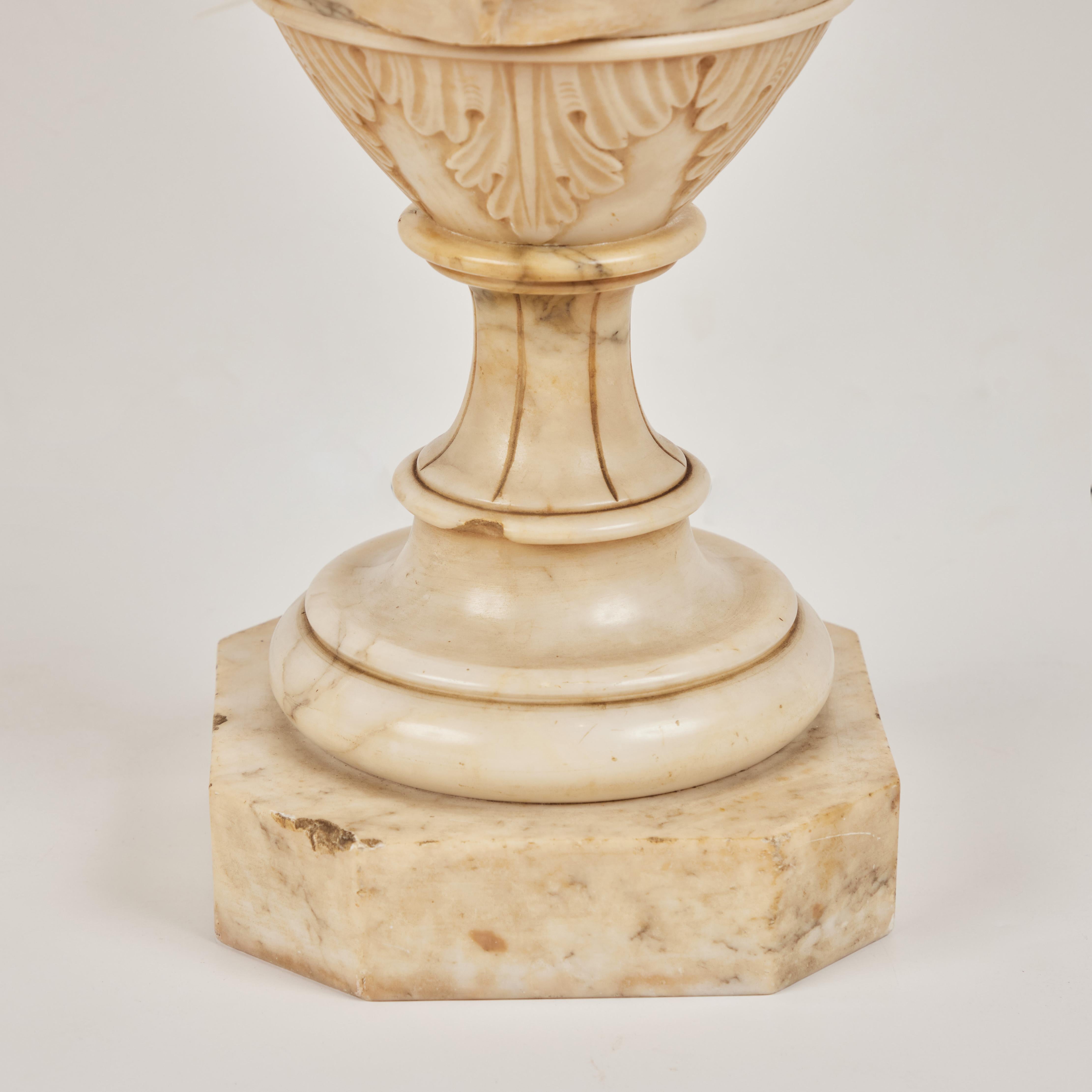 Pair Carved Alabaster Urns In Good Condition For Sale In Newport Beach, CA
