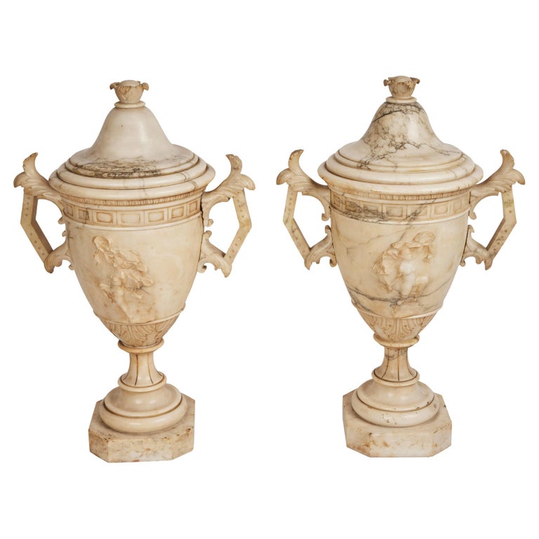 Pair Carved Alabaster Urns For Sale at 1stDibs