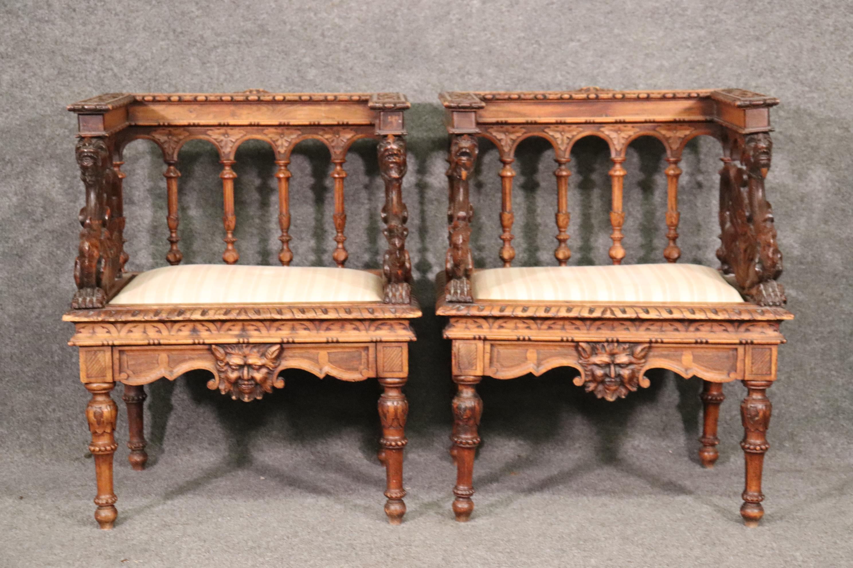 Walnut Pair Carved American Victorian Griffin Club Armchairs Attributed to RJ Horner 