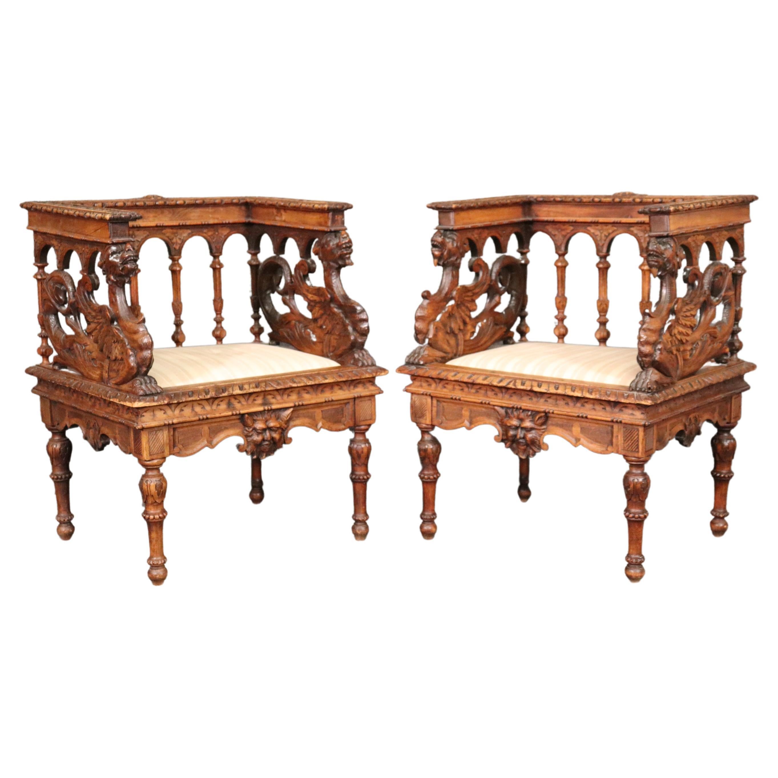 Pair Carved American Victorian Griffin Club Armchairs Attributed to RJ Horner 