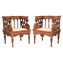 Antique Pair Carved American Victorian Griffin Club Armchairs Attributed to RJ Horner 