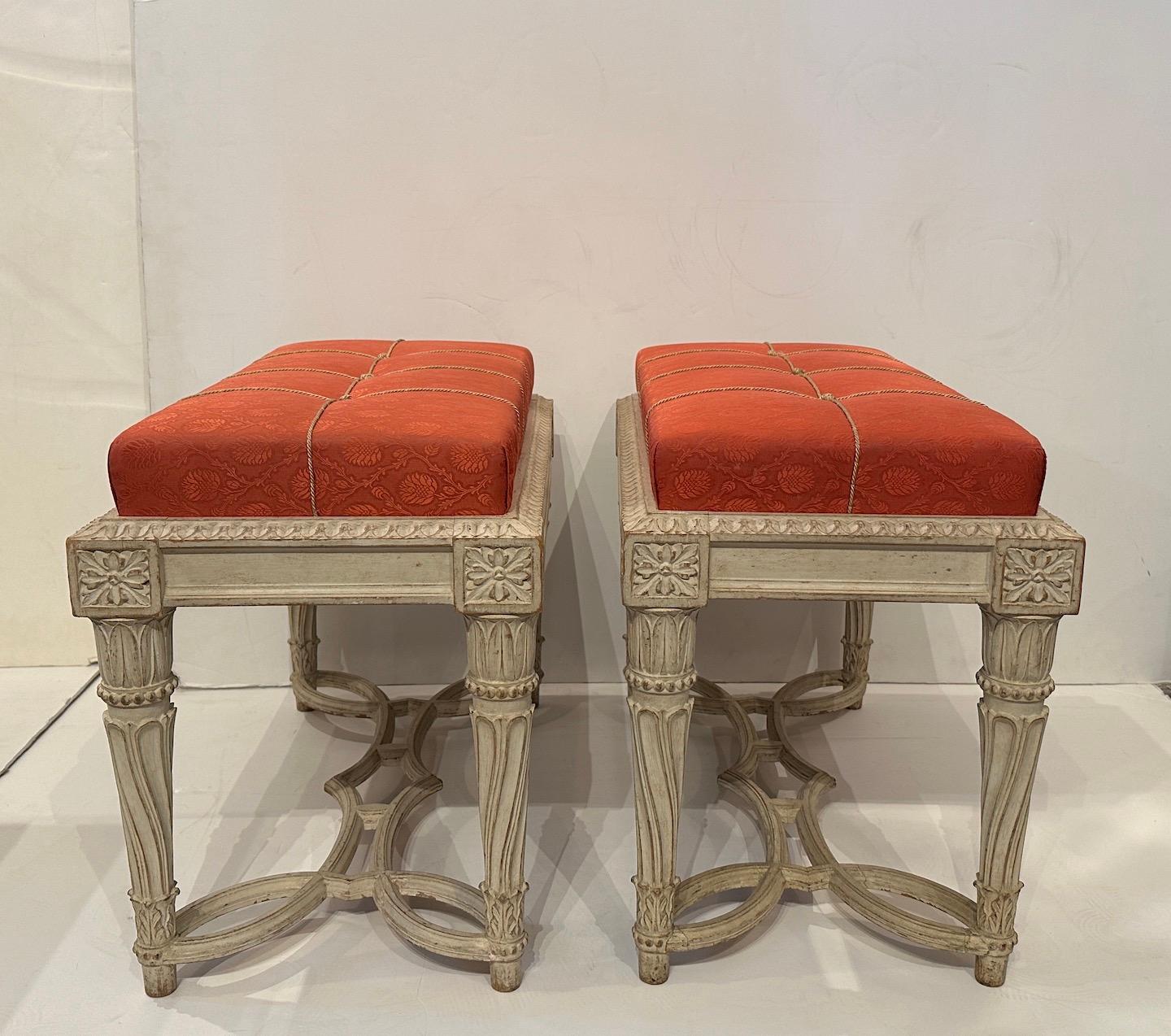 Hand-Carved Pair Carved and Gessoed Benches with Waxed Finish  For Sale