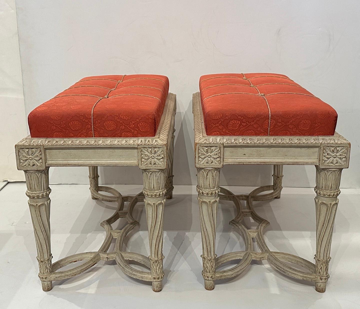 Pair Carved and Gessoed Benches with Waxed Finish  In Good Condition For Sale In Newport Beach, CA
