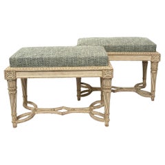 Antique Pair Carved and Gessoed Benches with Waxed Finish