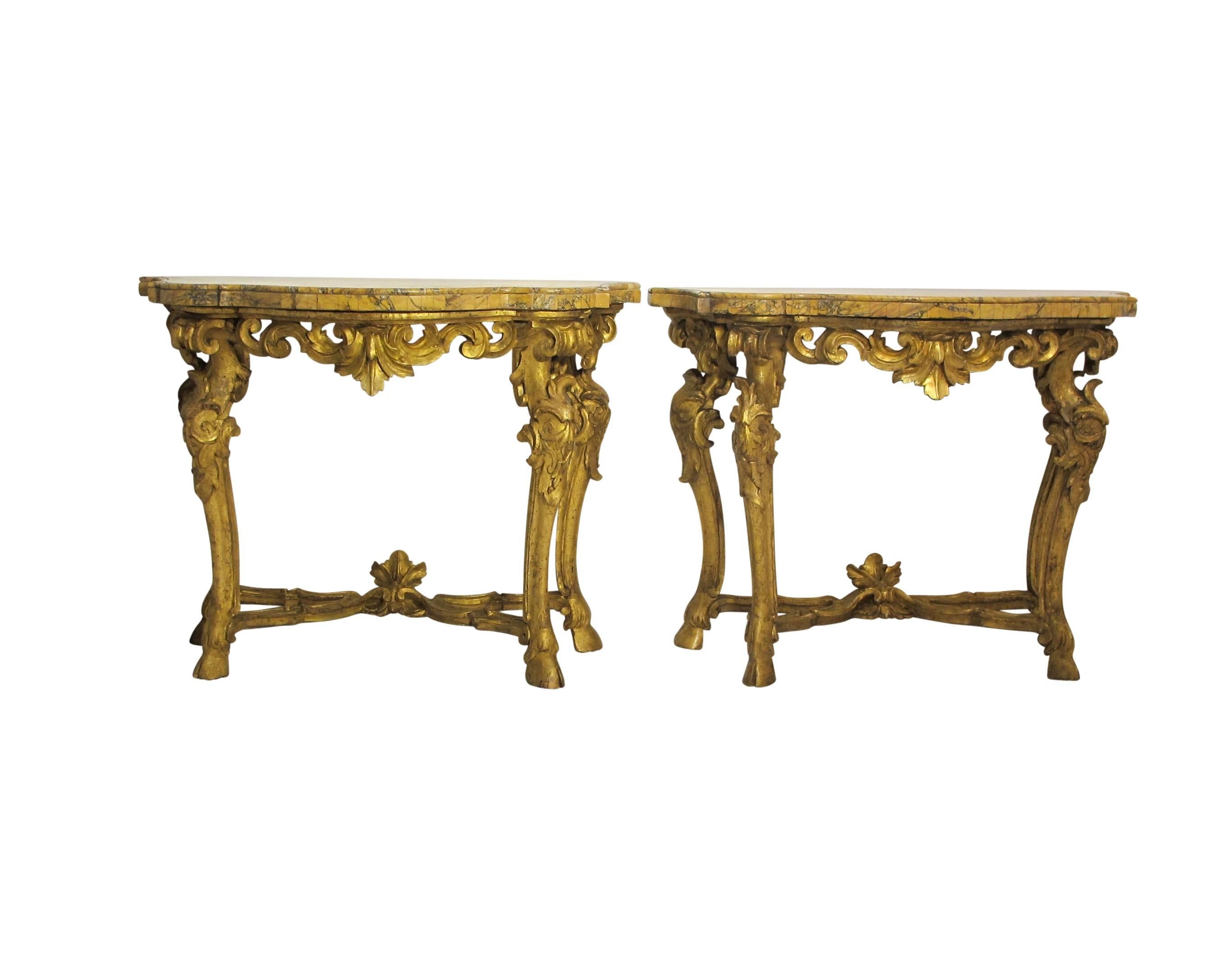 A pair of remarkable carved and gilt serpentine shaped console tables with violet breche marble tops. Beautifully carved with C scrolls and acanthus leaves, standing on cabriole legs ending in hoof feet. Italy, late 18th century.
These tables are