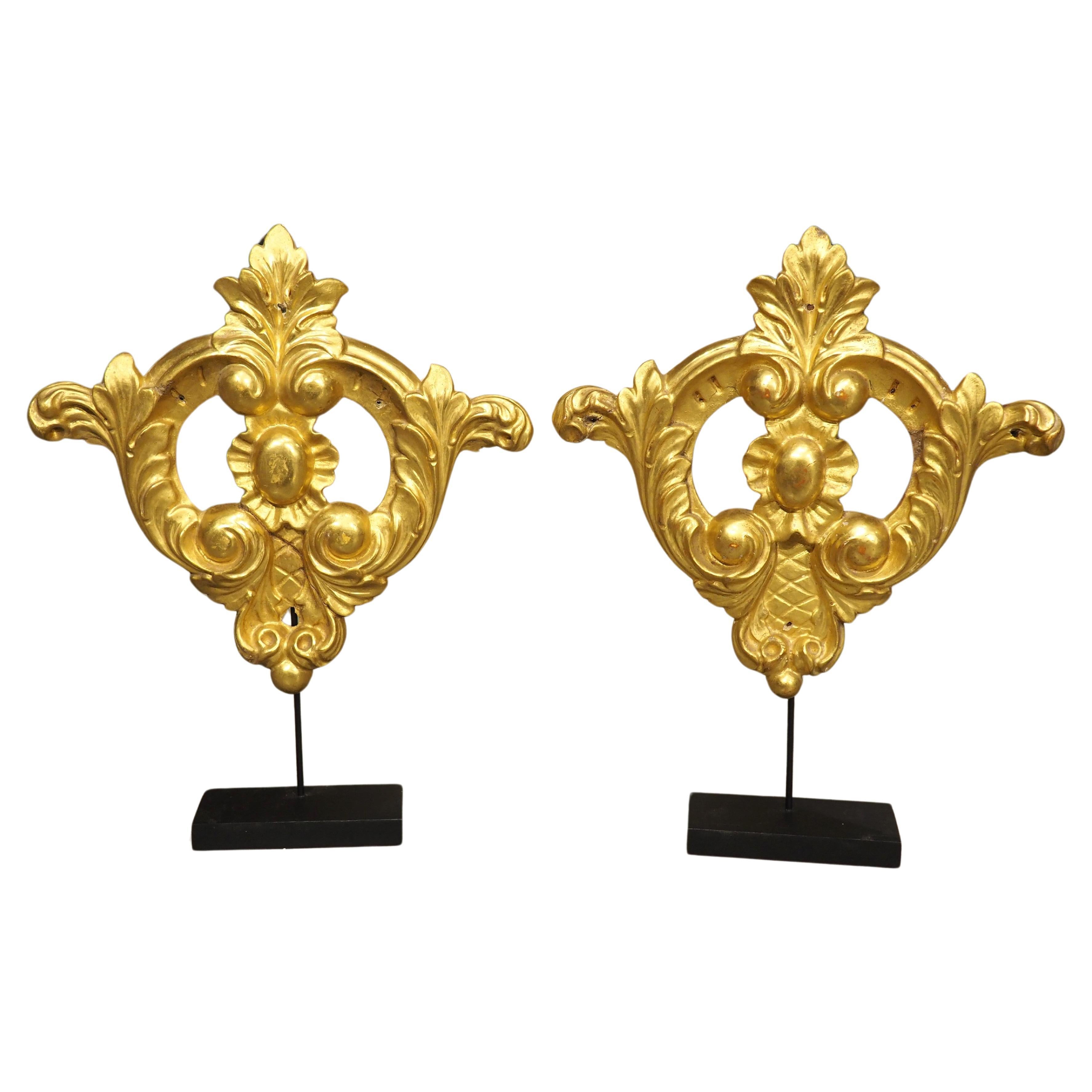 Pair Carved and Mounted Giltwood Ornaments, Italy C. 1850 For Sale