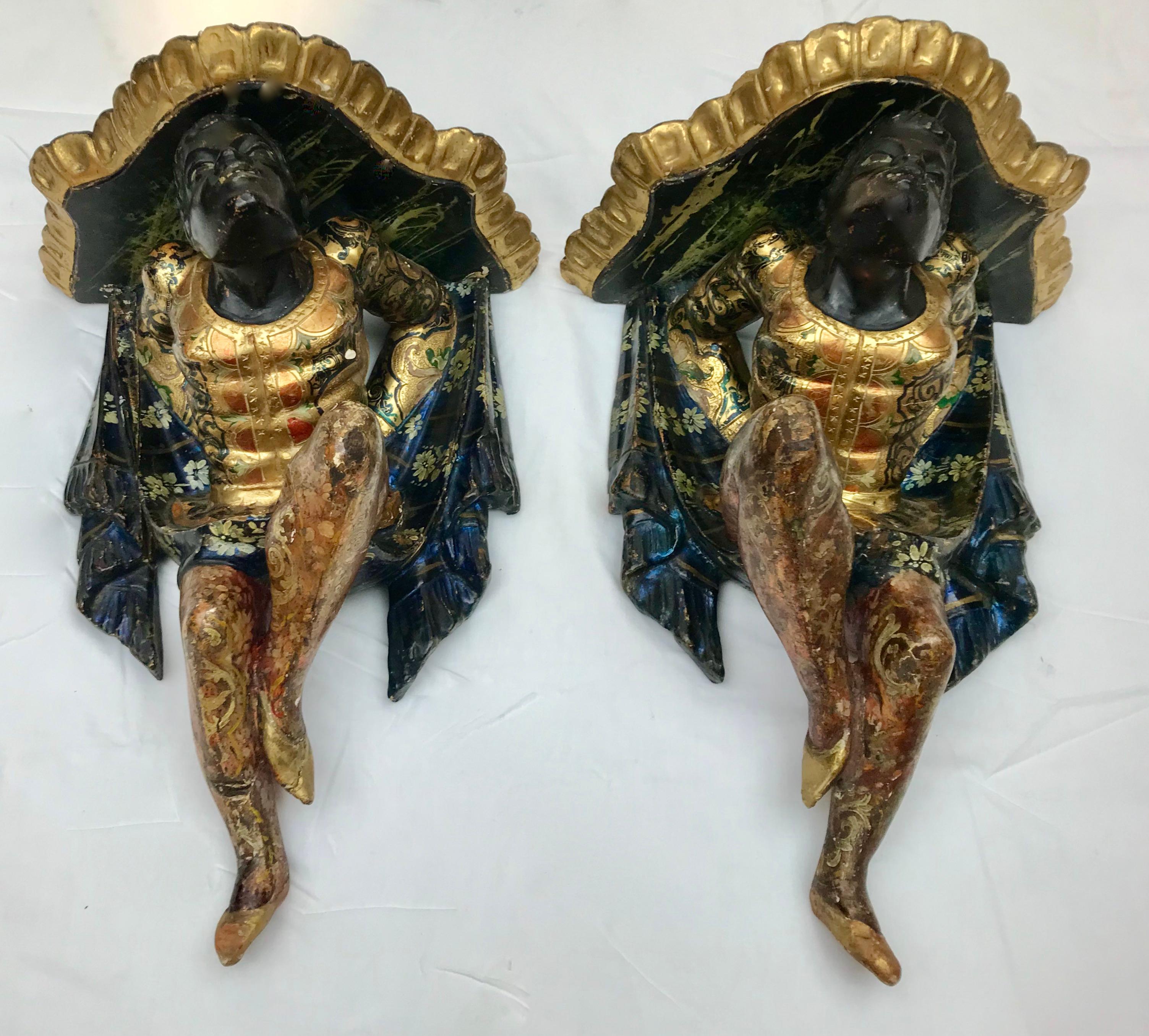 Pair Carved and Polychromed Figural Venitian Wall Brackets  For Sale 3