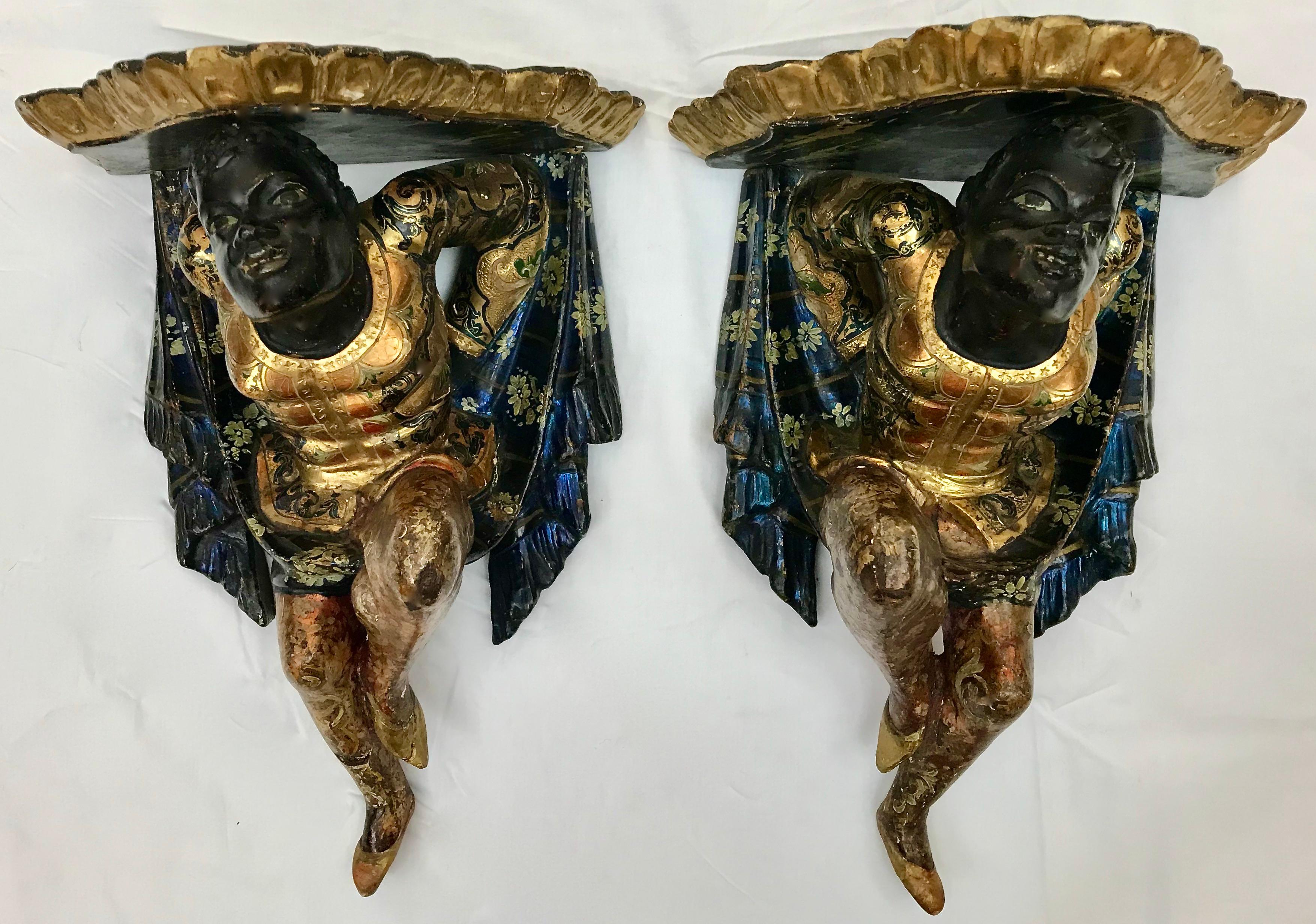 Pair Carved and Polychromed Figural Venitian Wall Brackets  For Sale 4