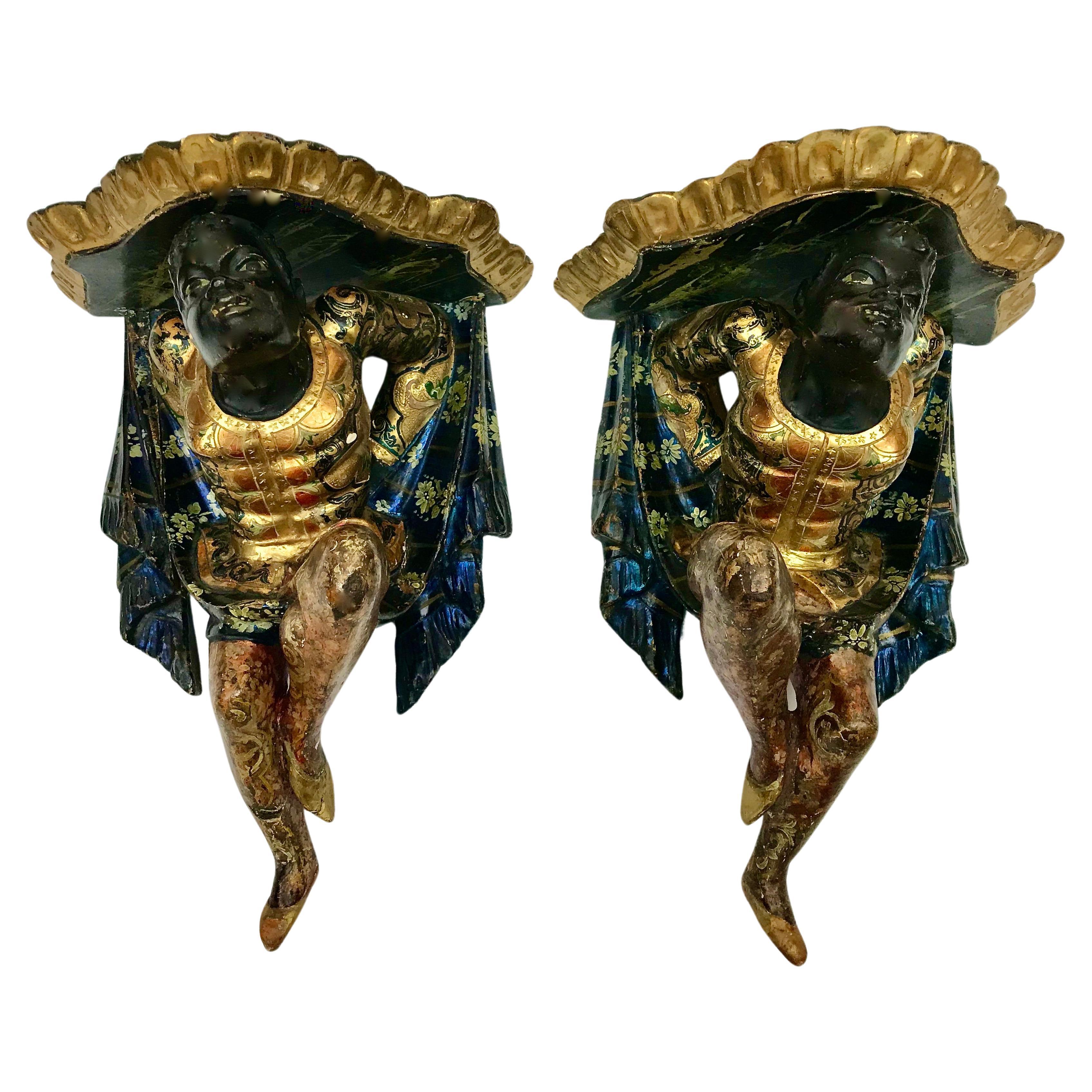 Pair Carved and Polychromed Figural Venitian Wall Brackets 