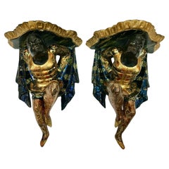 Antique Pair Carved and Polychromed Figural Venitian Wall Brackets 