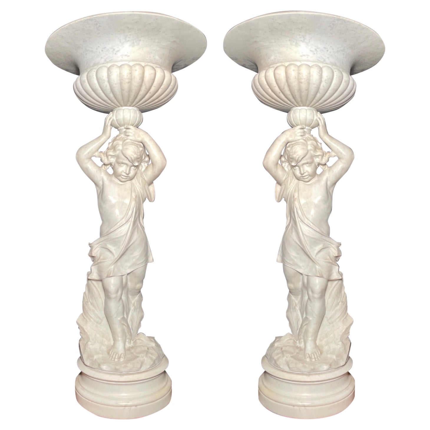 Pair Carved Carrara Marble Bird Baths w/ Classic Designed Figures, circa 1900-10