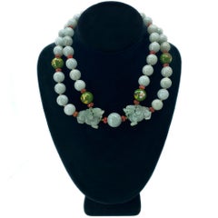 Pair of Carved Certified Jadeite Foo Dogs with Double Strand Jadeite Necklace