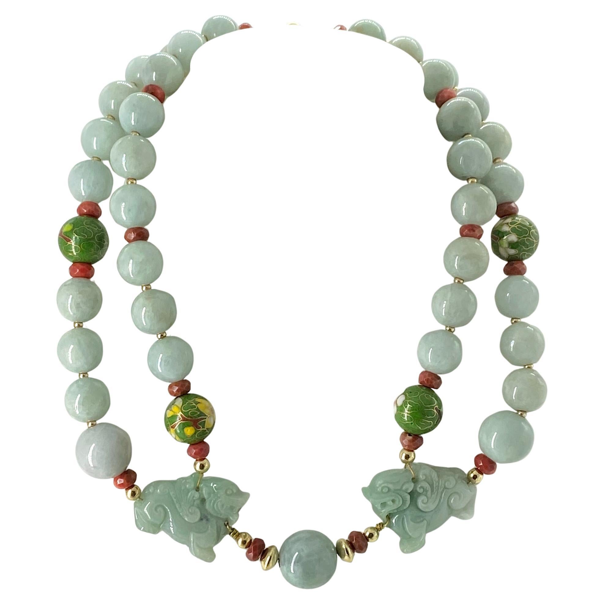 Artisan Pair Carved Certified Jadeite Foo Dogs with Double Strand Jadeite Necklace For Sale