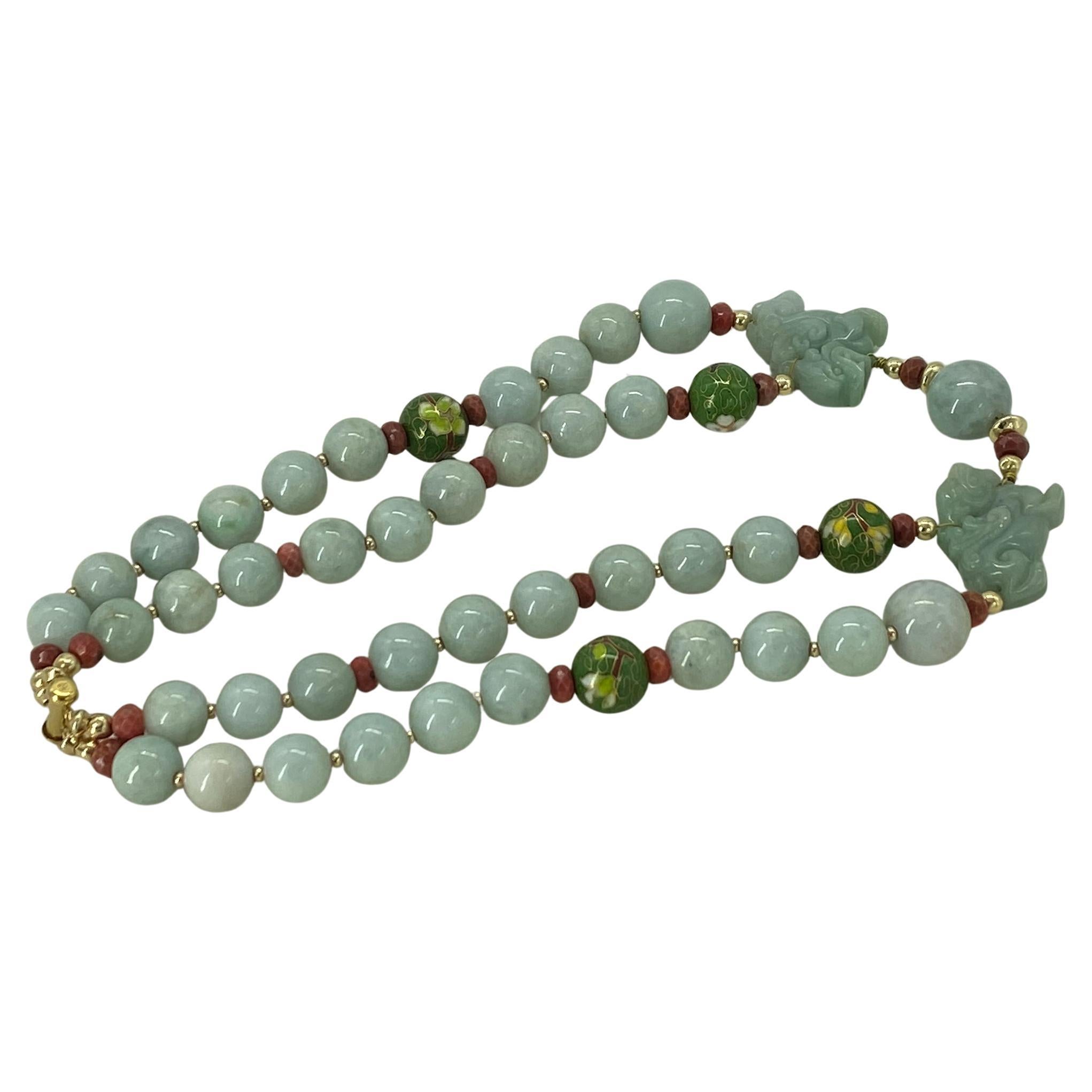 Bead Pair Carved Certified Jadeite Foo Dogs with Double Strand Jadeite Necklace For Sale