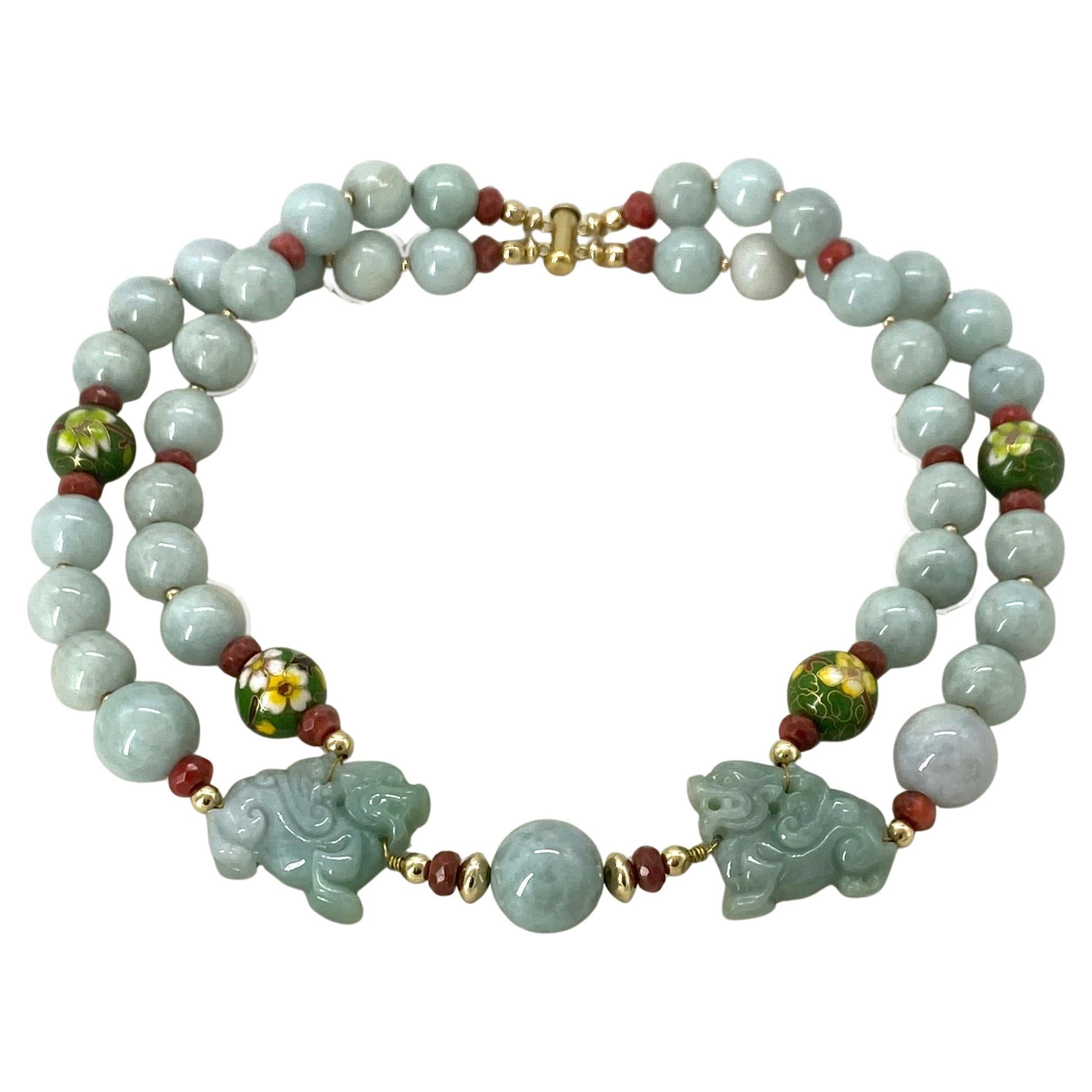 Pair Carved Certified Jadeite Foo Dogs with Double Strand Jadeite Necklace In New Condition For Sale In Atlanta, GA