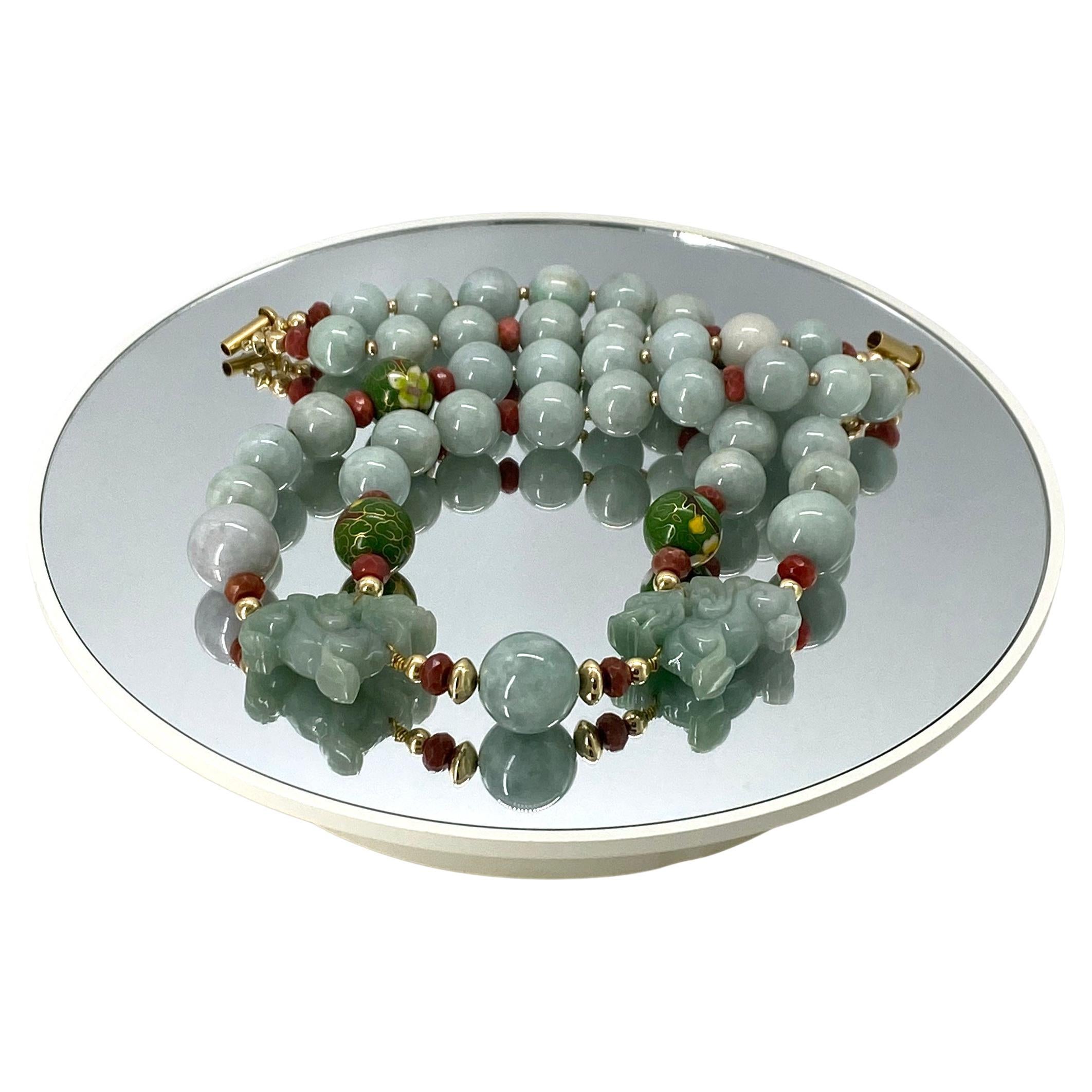 Pair Carved Certified Jadeite Foo Dogs with Double Strand Jadeite Necklace For Sale 1