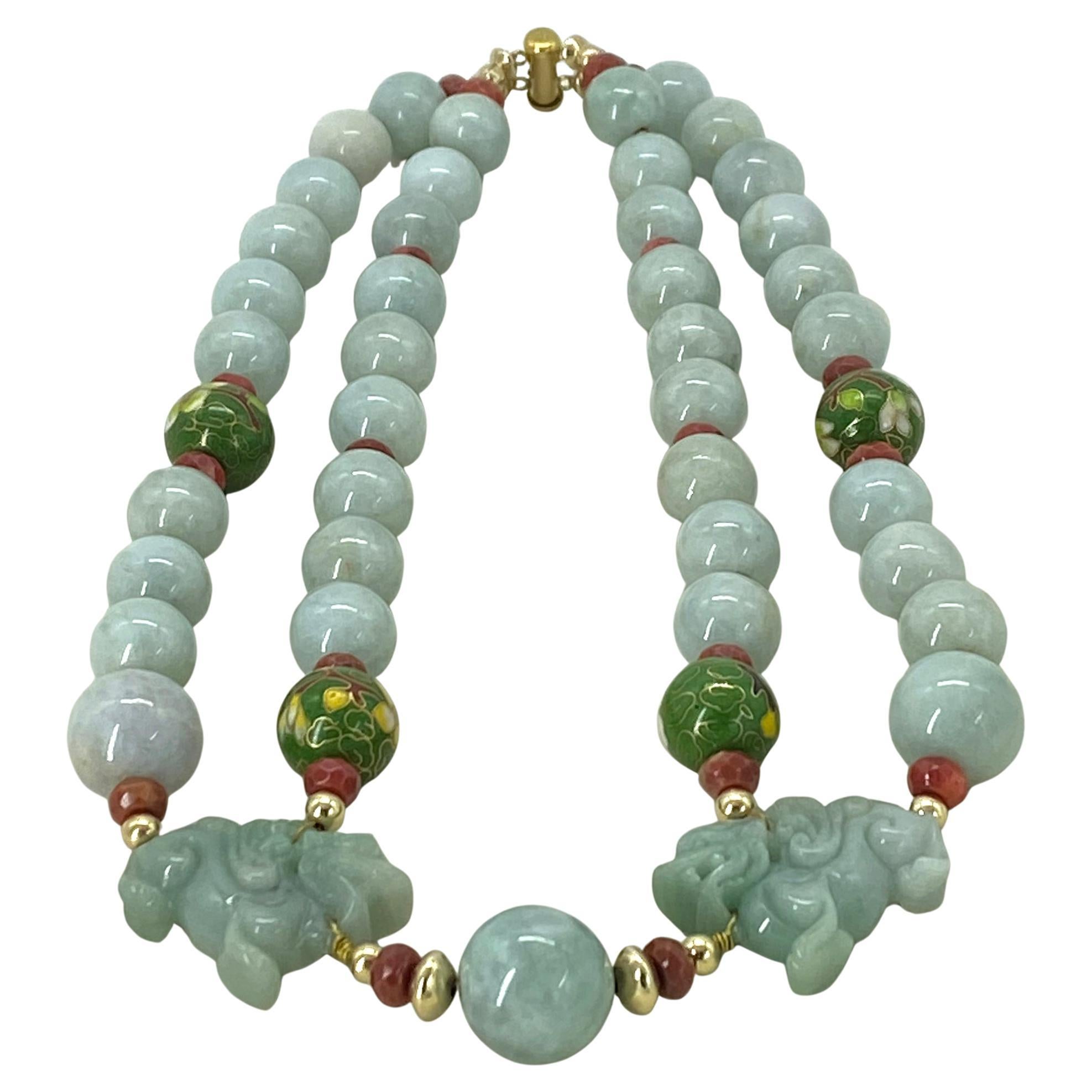 Pair Carved Certified Jadeite Foo Dogs with Double Strand Jadeite Necklace For Sale 2