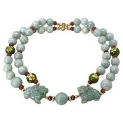 Pair Carved Certified Jadeite Foo Dogs with Double Strand Jadeite Necklace
