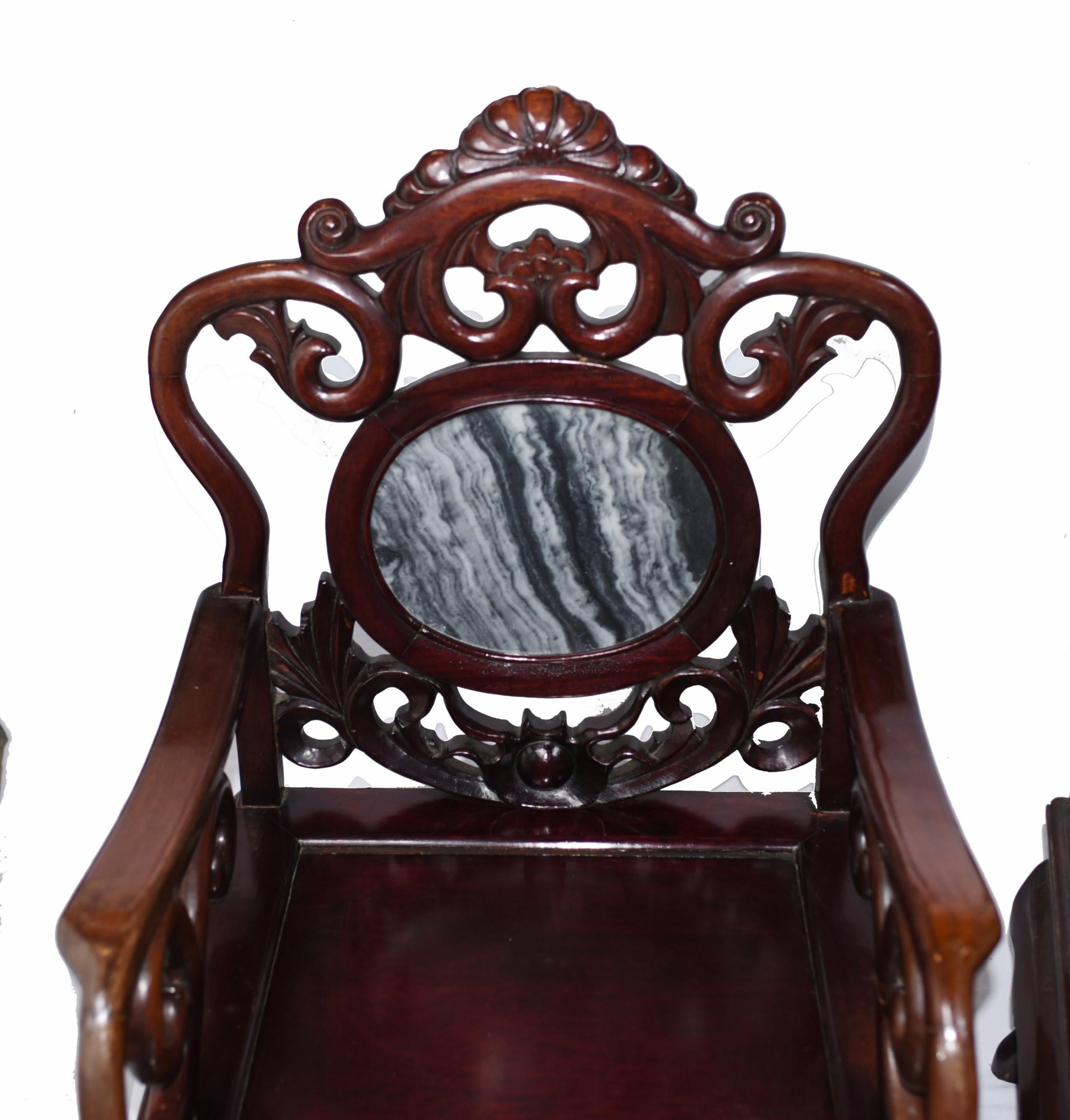 - Gorgeous pair of Chinese arm chairs in hard wood
- Great interiors pair, perfect for that Asian inspired room mixed in with other pieces
- Love the hand carved backrests with almost art nouveau look and a marble plaque
- Viewings available by