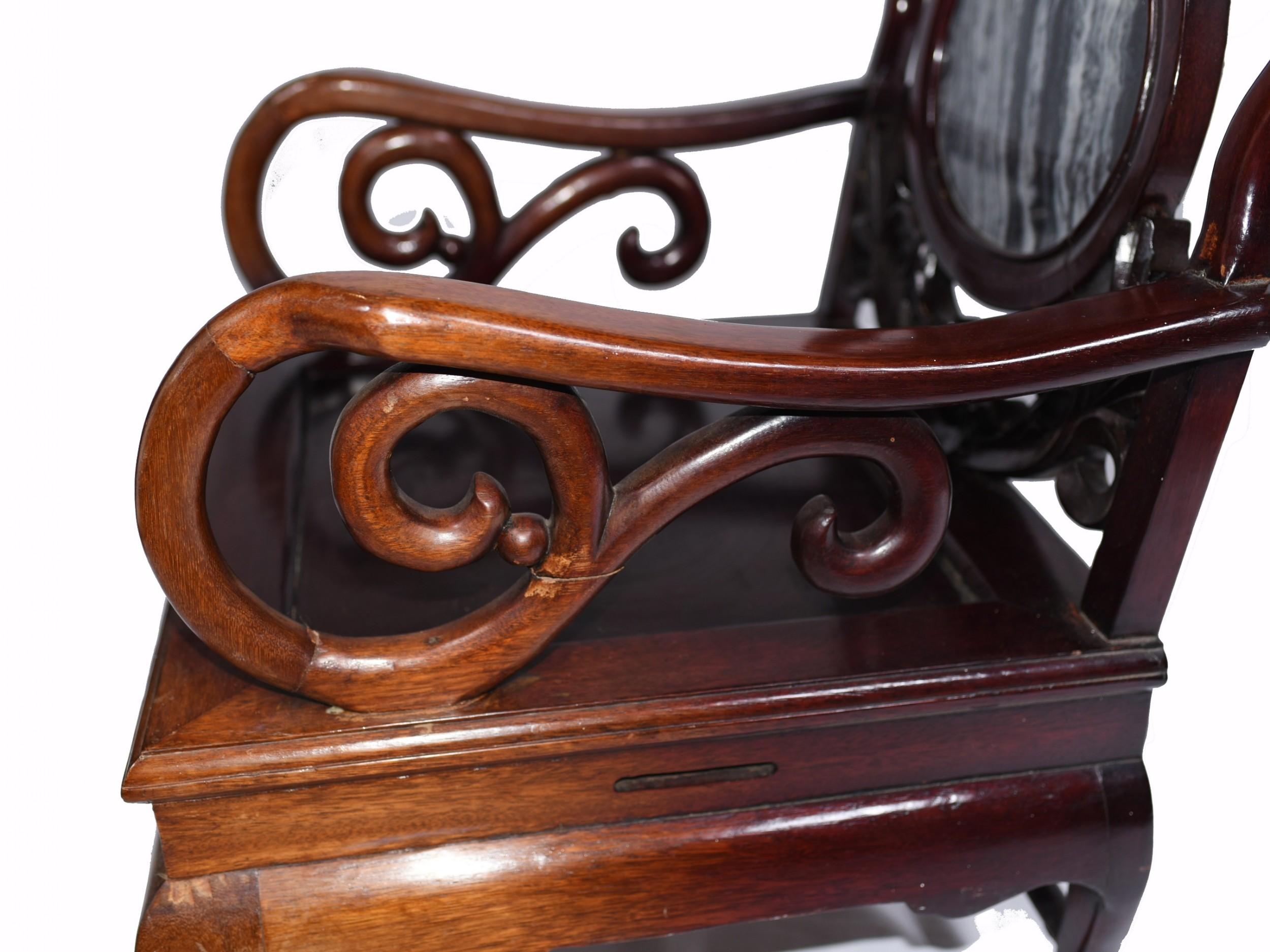 Late 20th Century Pair Carved Chinese Arm Chairs - Antique Hardwood For Sale